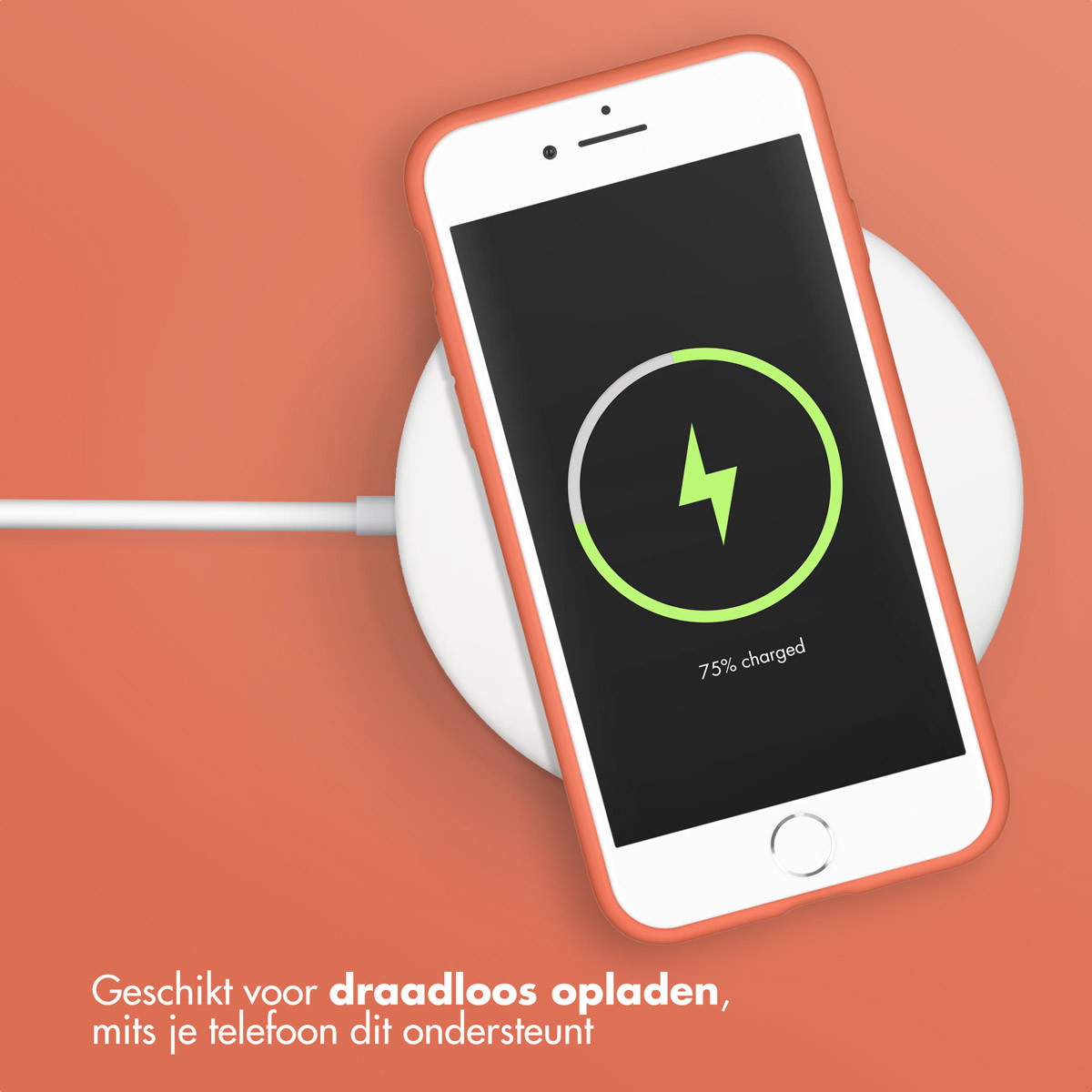 Telefoon die oplaadt op een draadloze oplaadpad. Telefoon toont een oplaadsymbool en 75%.