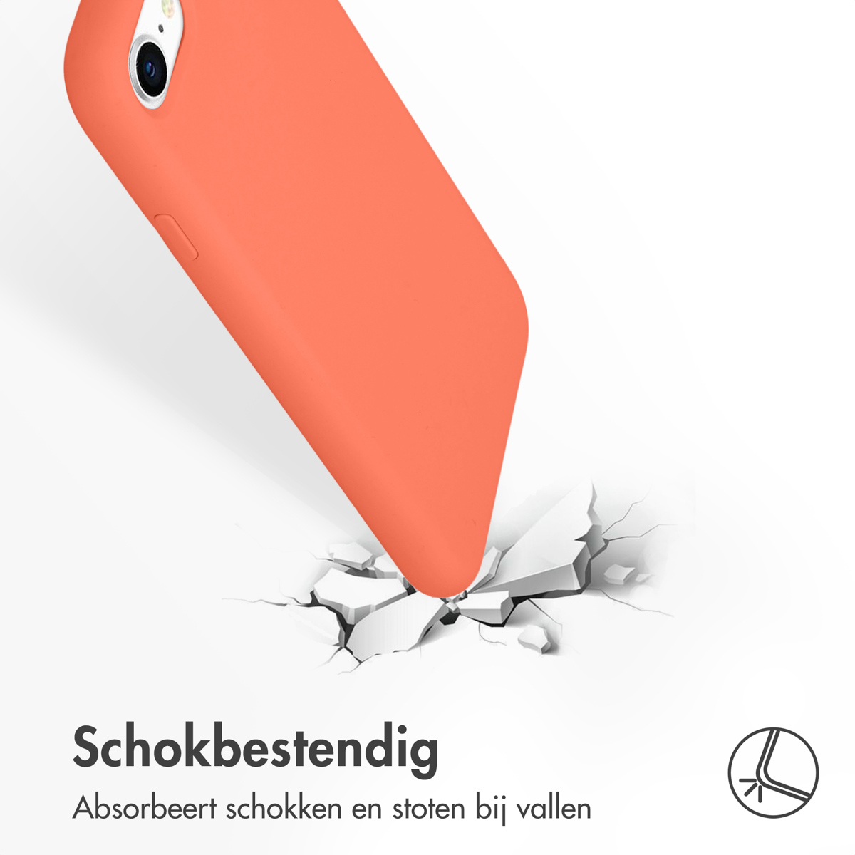 Oranje telefoonhoes, die valt en het oppervlak eronder breekt. De tekst zegt 'Schokbestendig' in het Nederlands.