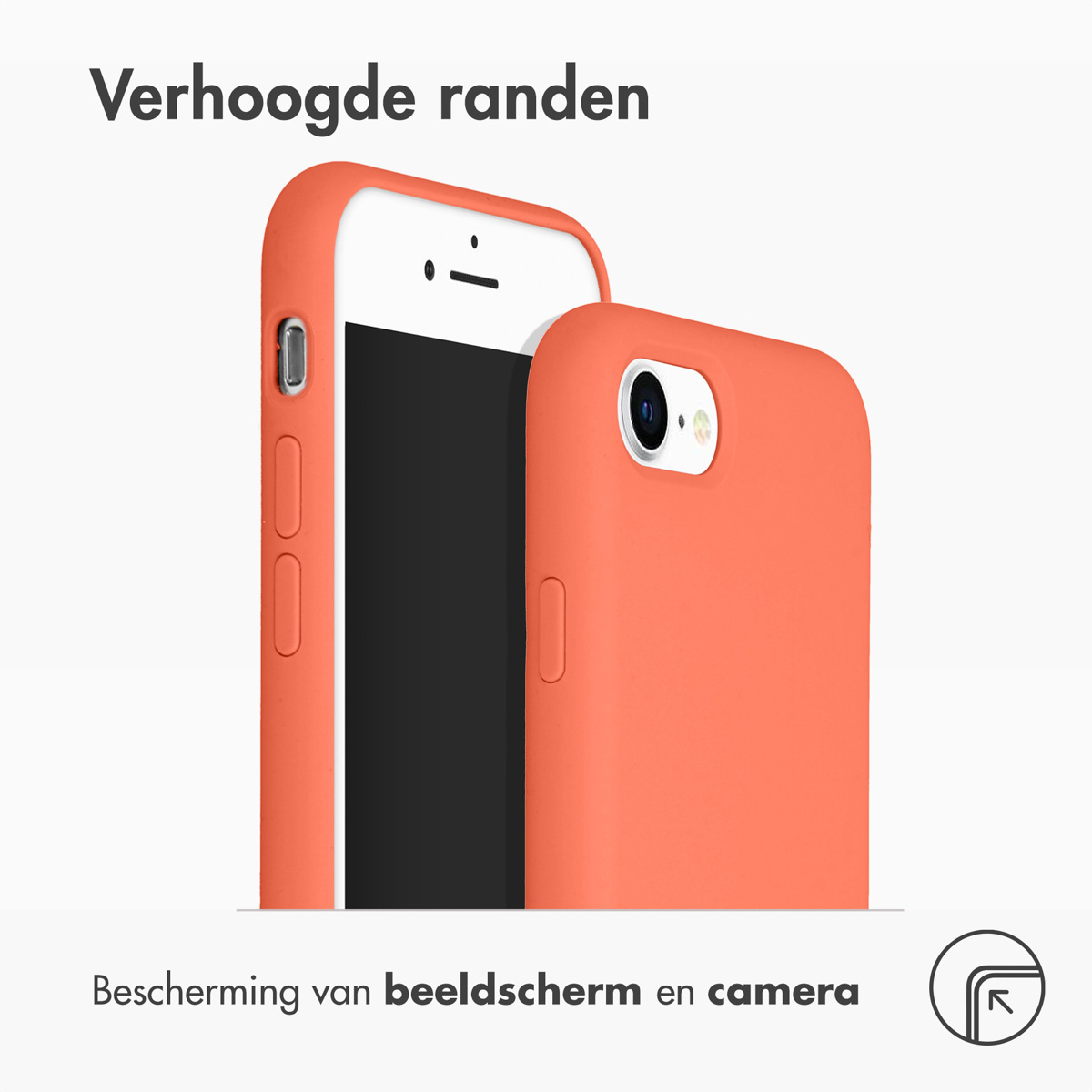 Twee koraalrode telefoons, één in een hoesje, met een witte achtergrond en tekst.