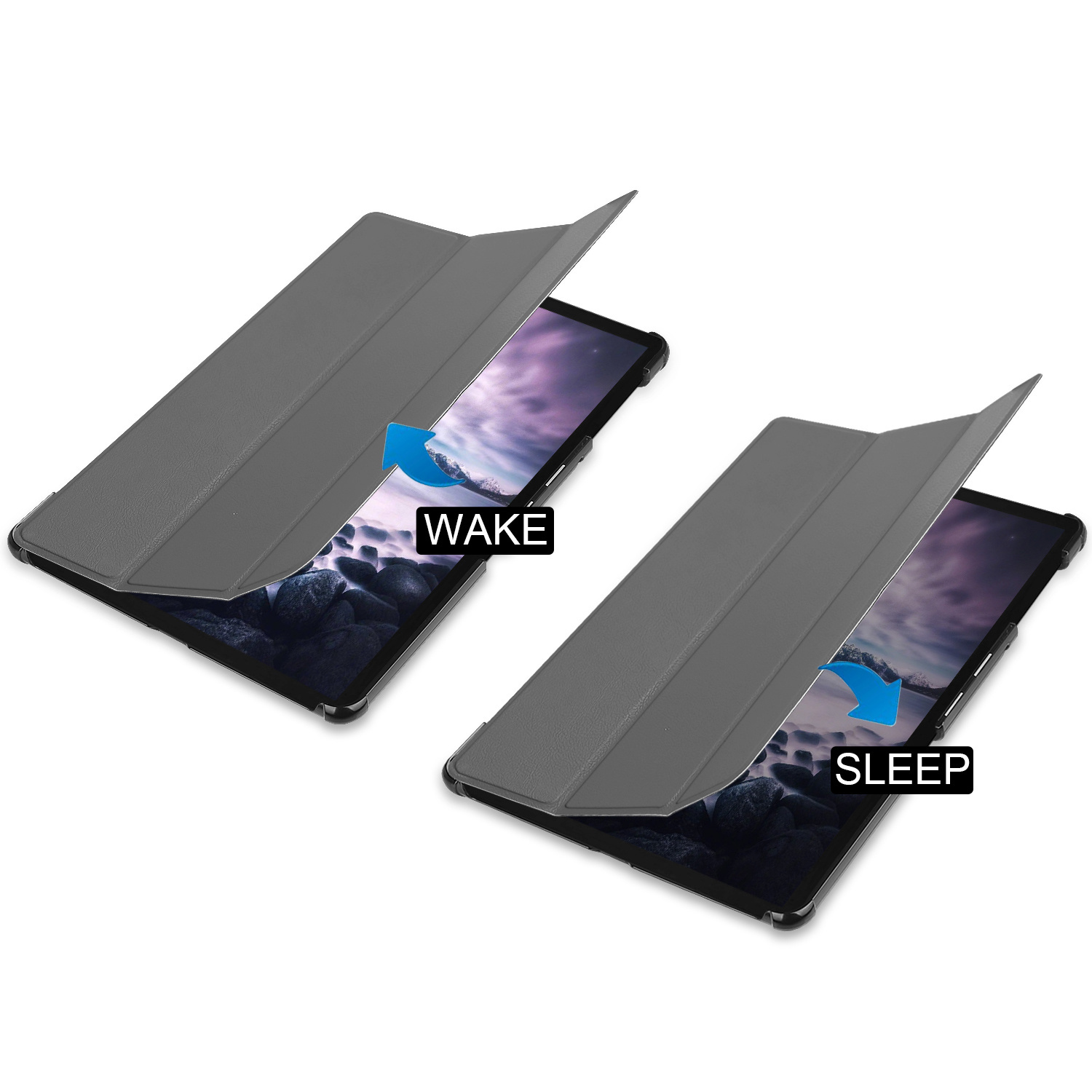 Tablethoezen met wake- en sleep-toestanden aangegeven door pijlen. Toont tabletscherm.