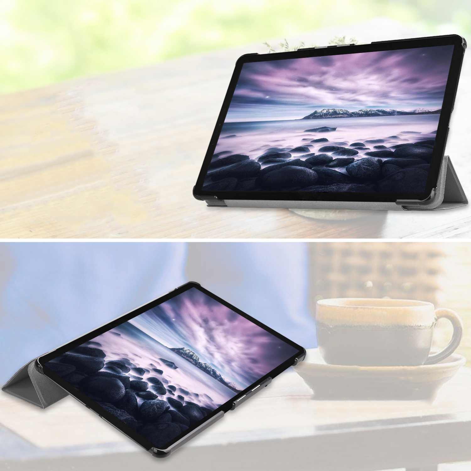 Tablet met hoesje waarop een kustlandschap wordt weergegeven. Het staat op een houten tafel met een vage achtergrond.