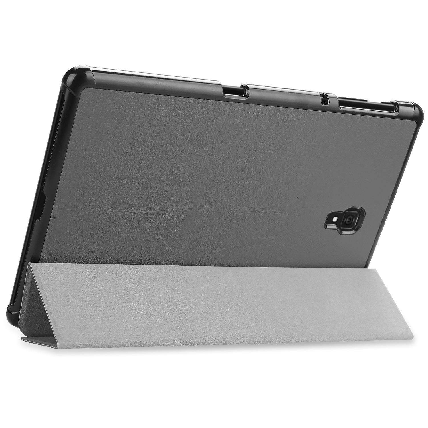 Grijze tablethoes met de tablet erin, op een wit oppervlak met de tablet omhoog.