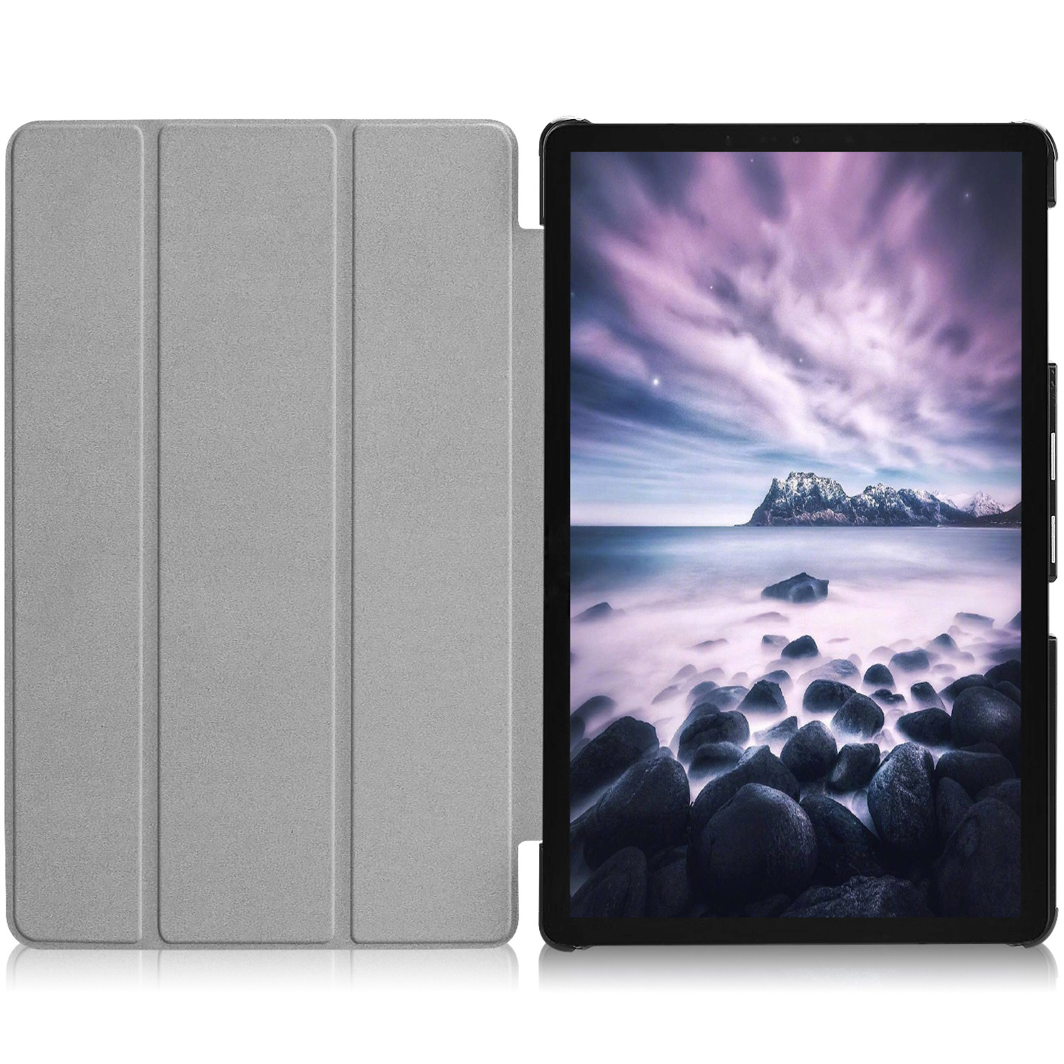 Tablet in een grijze hoes. De hoes is open. Het scherm van de tablet toont een landschap van rotsen en bergen.