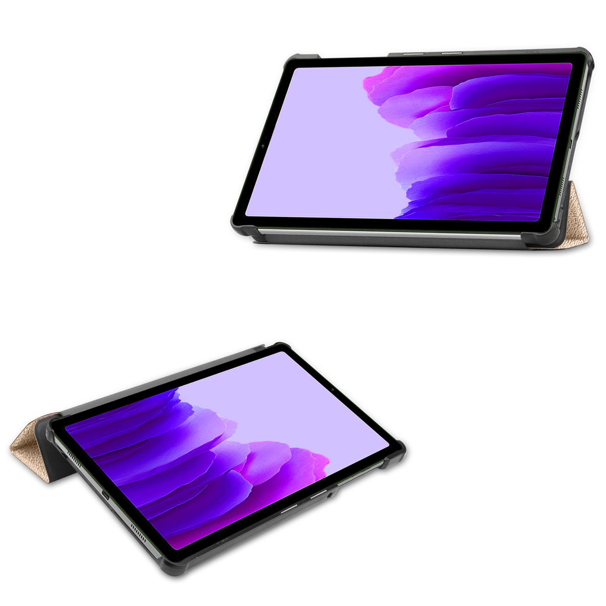 Deux tablettes, une avec l'étui ouvert, l'autre fermé, toutes deux avec du contenu à l'écran.