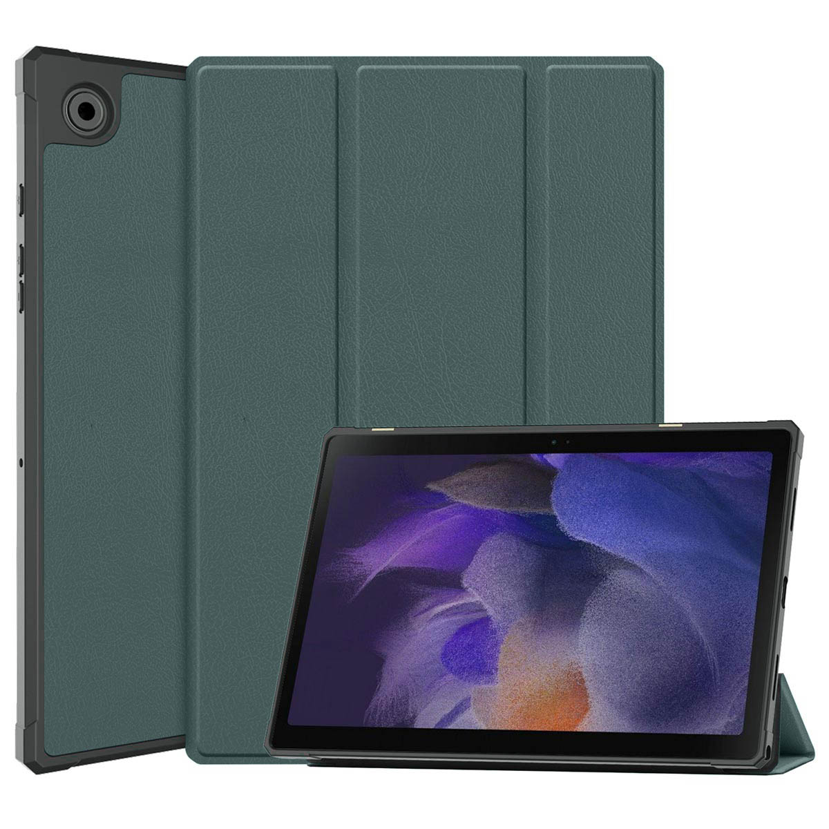 Tablet met een groene hoes. De hoes is open en toont de tablet. De achtergrond is wit.