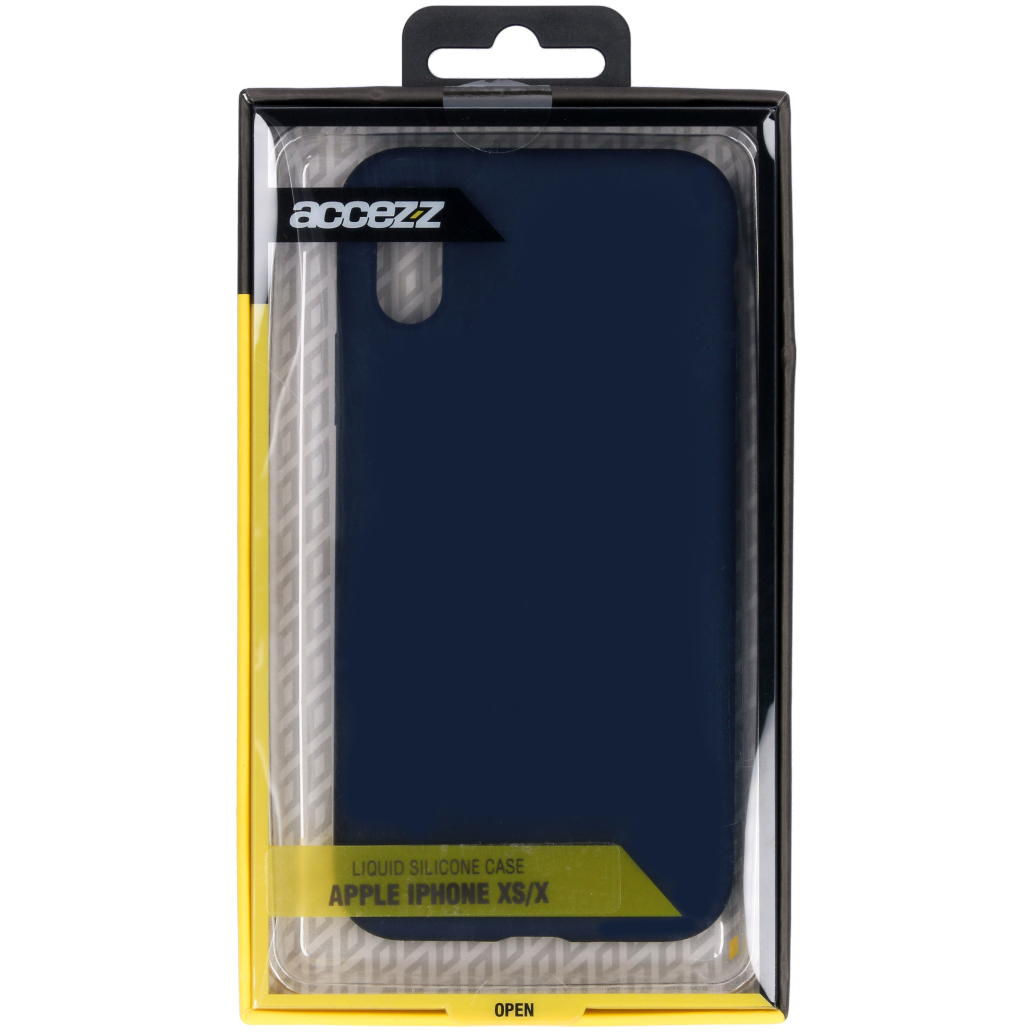 Eine marineblaue Handyhülle in einer transparenten Kunststoffverpackung mit gelbem Rand. Die Hülle ist für ein iPhone.