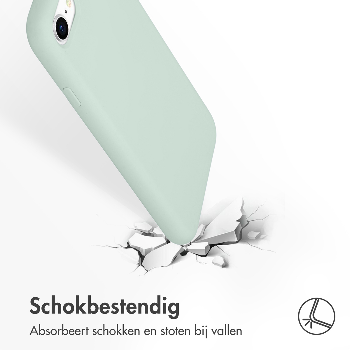 Een mintgroene telefoonhoes breekt een wit oppervlak. Tekst zegt 'Schokbestendig'.