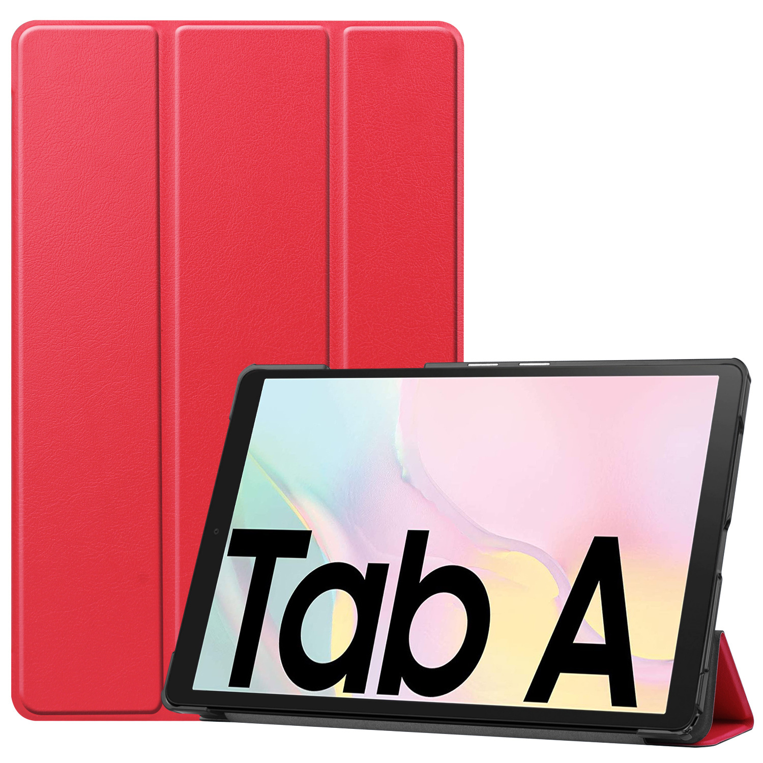 Een rode tablet met de tekst 'Tab A' op het scherm, in een rode hoes.