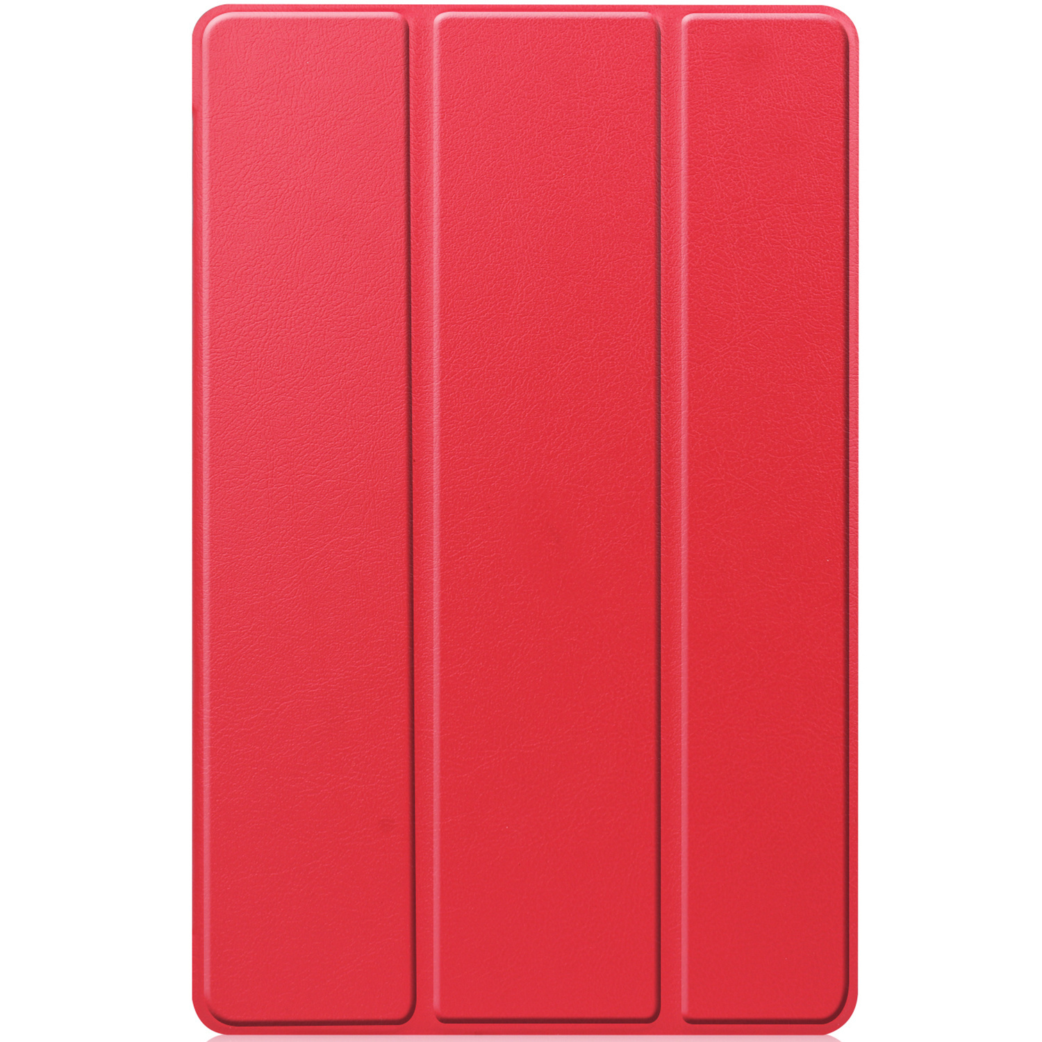 Een rode tabletcover. De cover is opgevouwen en heeft een leerachtige textuur.