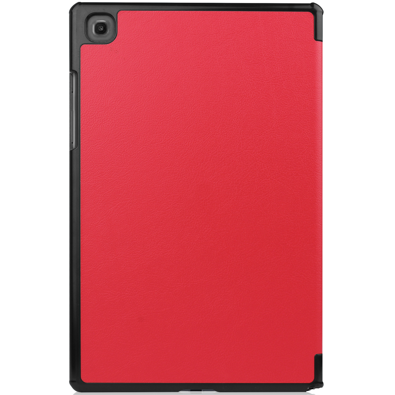Een rode tabletcase met zwarte rand en een cameragat. De case ligt op een witte ondergrond.