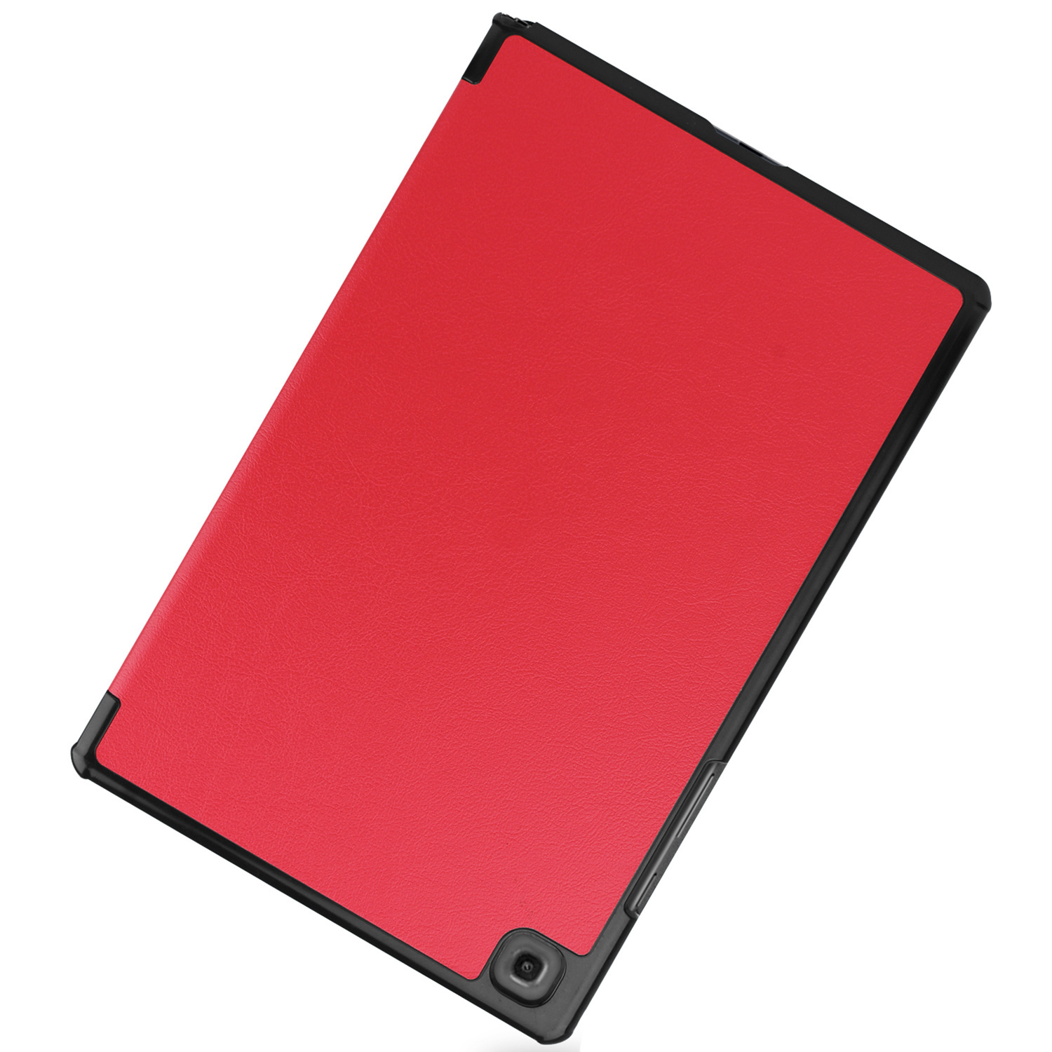 Tabletcase in rode kleur. De zwarte case is gesloten en toont de achterkant van een tablet.