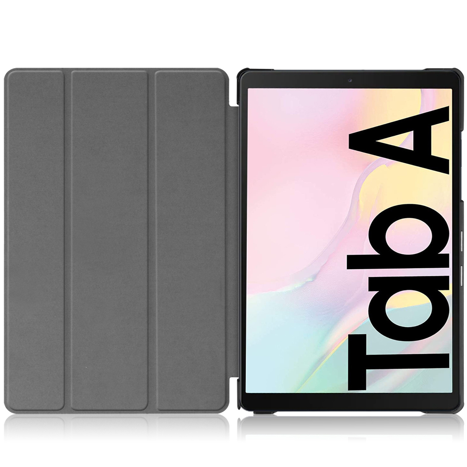 Een tablethoes open. De tablet heeft het woord 'tab A' op het scherm staan.