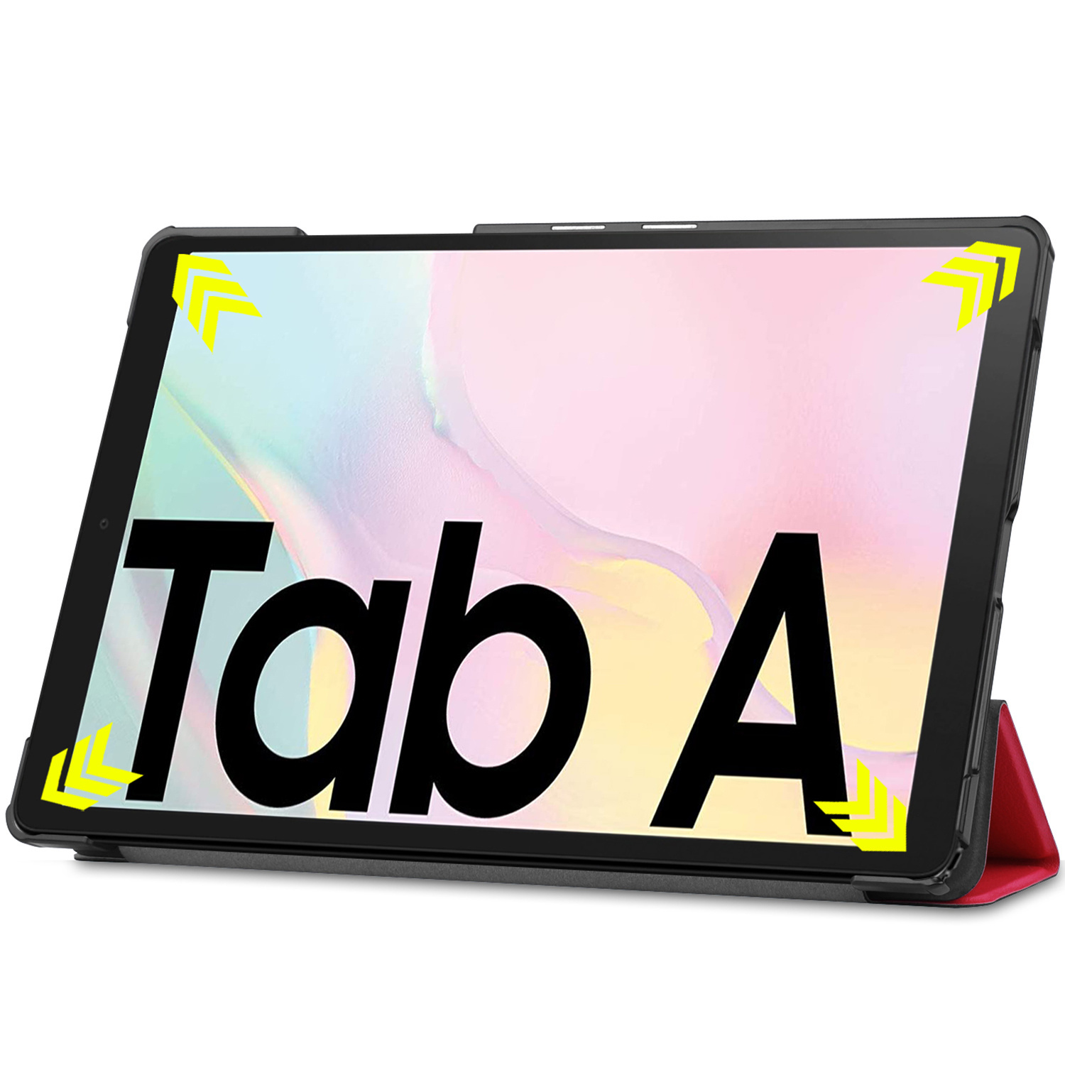 Tablet met de woorden 'Tab A' op het scherm, in een rode hoes.