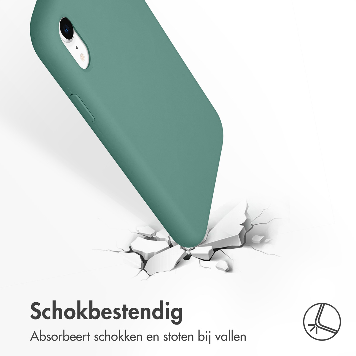 Een groene telefoonhoes breekt een wit oppervlak. Tekst zegt 'Schokbestendig'.