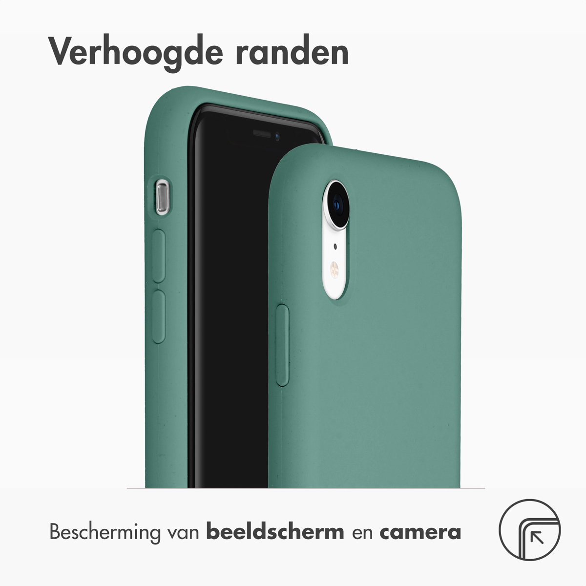 Twee groene telefoonhoesjes, met tekst die scherm- en camerabescherming aangeeft.