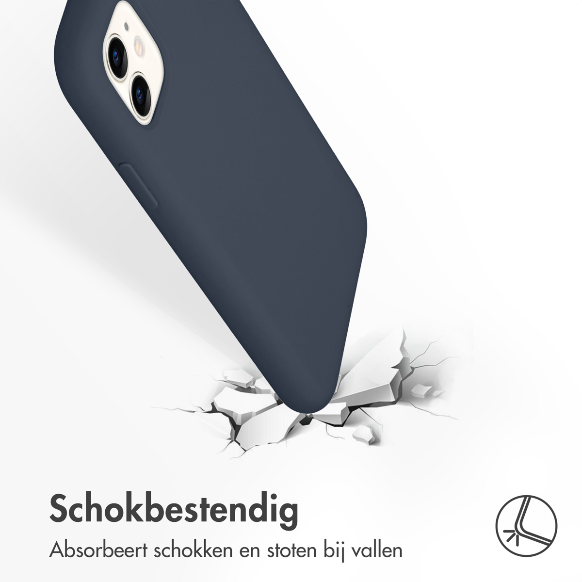 Donkerblauwe telefoonhoes valt. De telefoon breekt de grond.