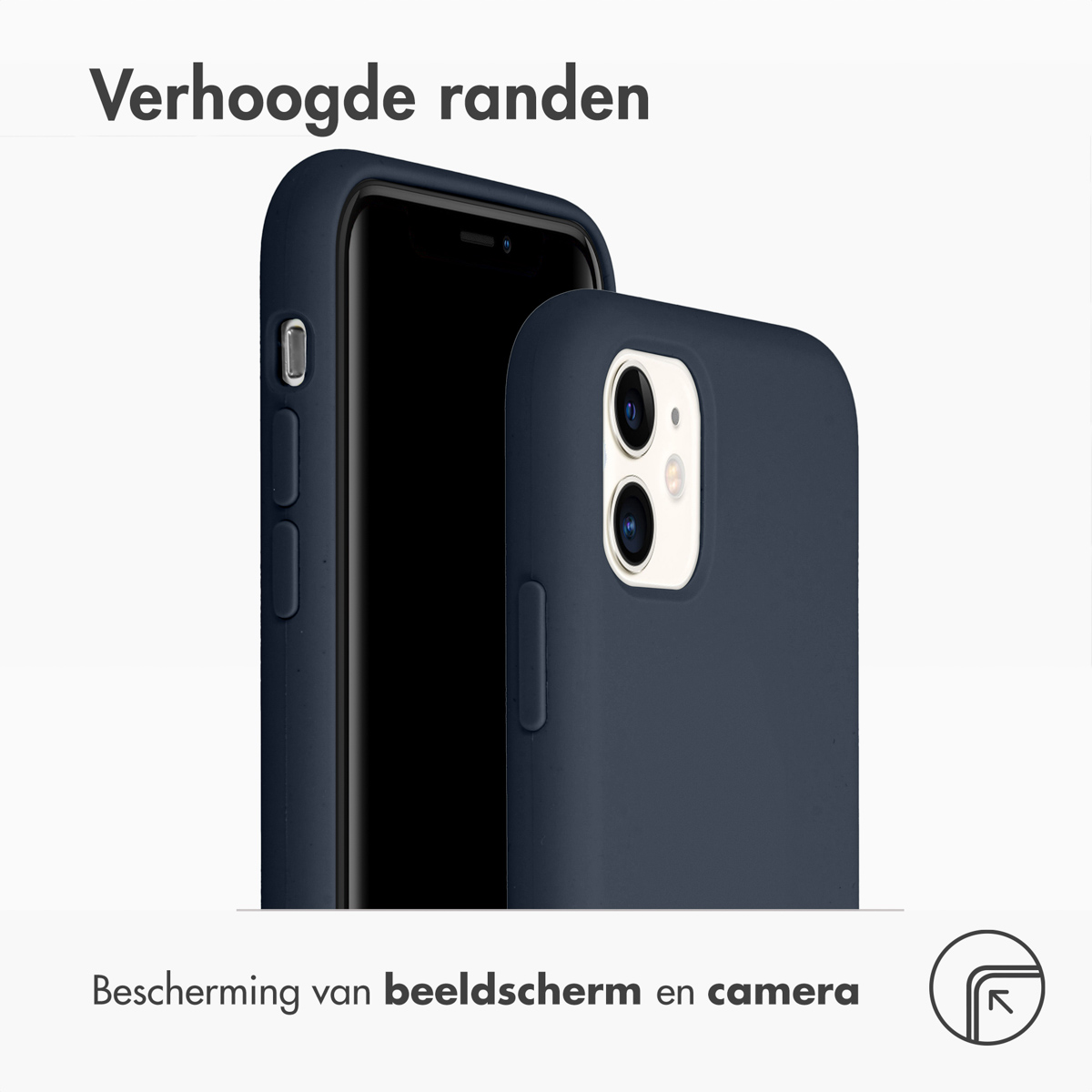 Twee marineblauwe telefoonhoesjes, één op de telefoon. Tekst zegt 'Verhoogde randen' en 'Scherm- en camerabescherming'.