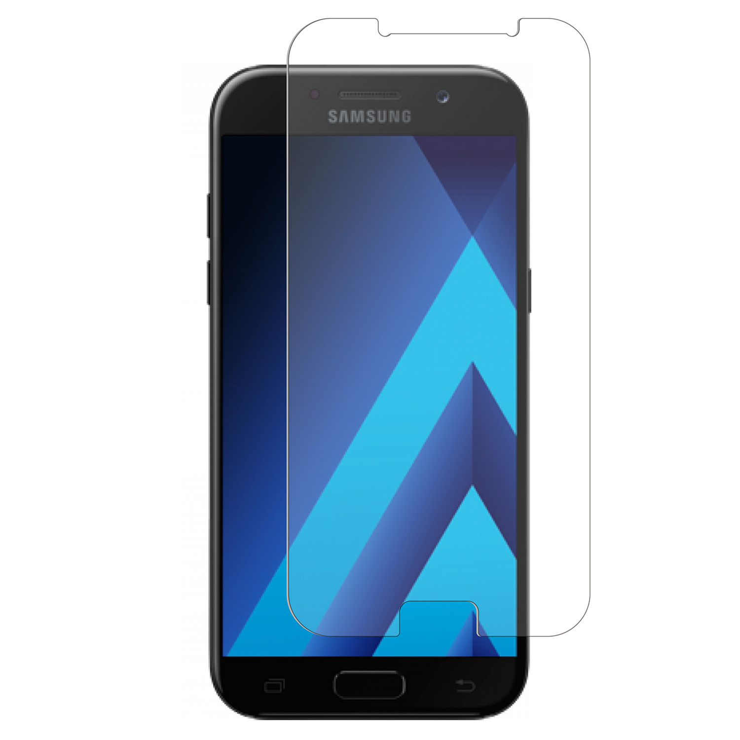 Samsung phone with a screen protector. The phone is black and protector is clear.