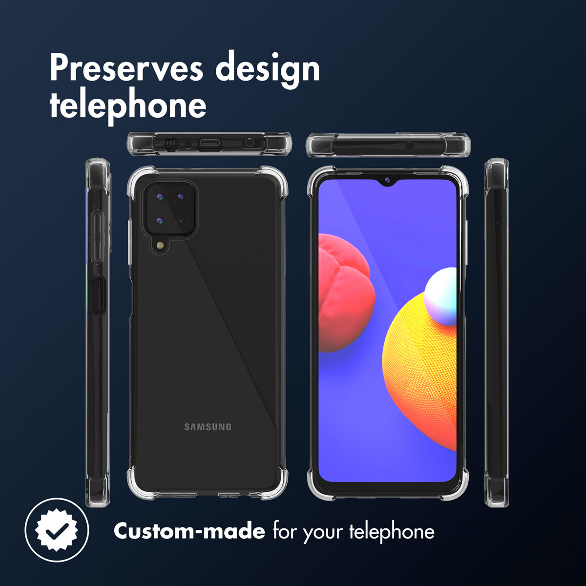 Telefoon in een doorzichtige hoes met een beschermend ontwerp. Er worden meerdere weergaven van de telefoon weergegeven.