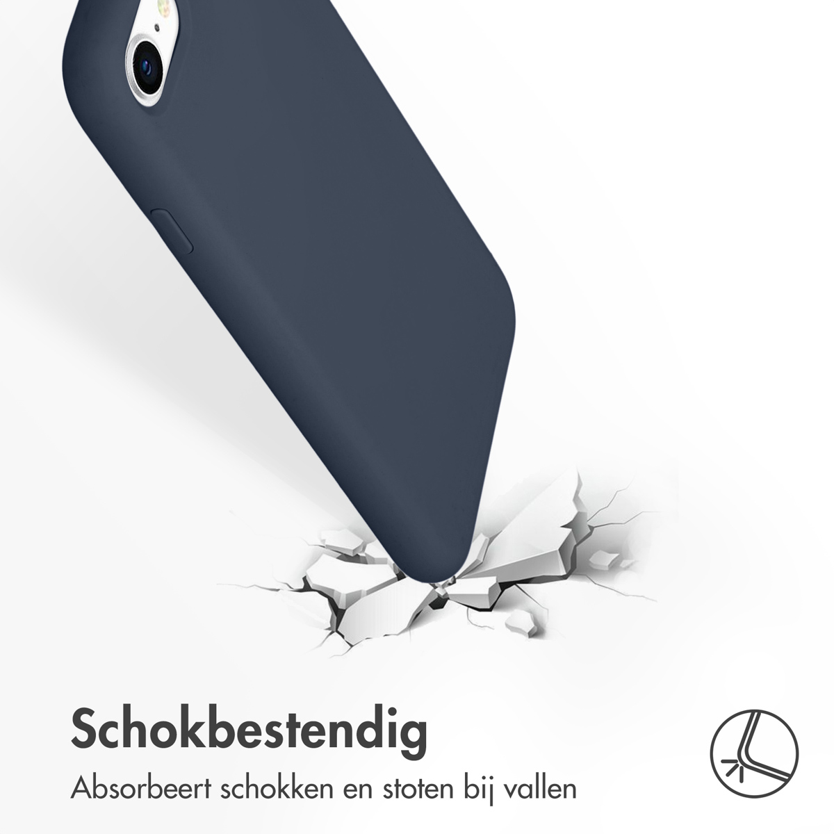 Donkerblauwe telefoonhoes valt en breekt de grond. Tekst: Schokbestendig.