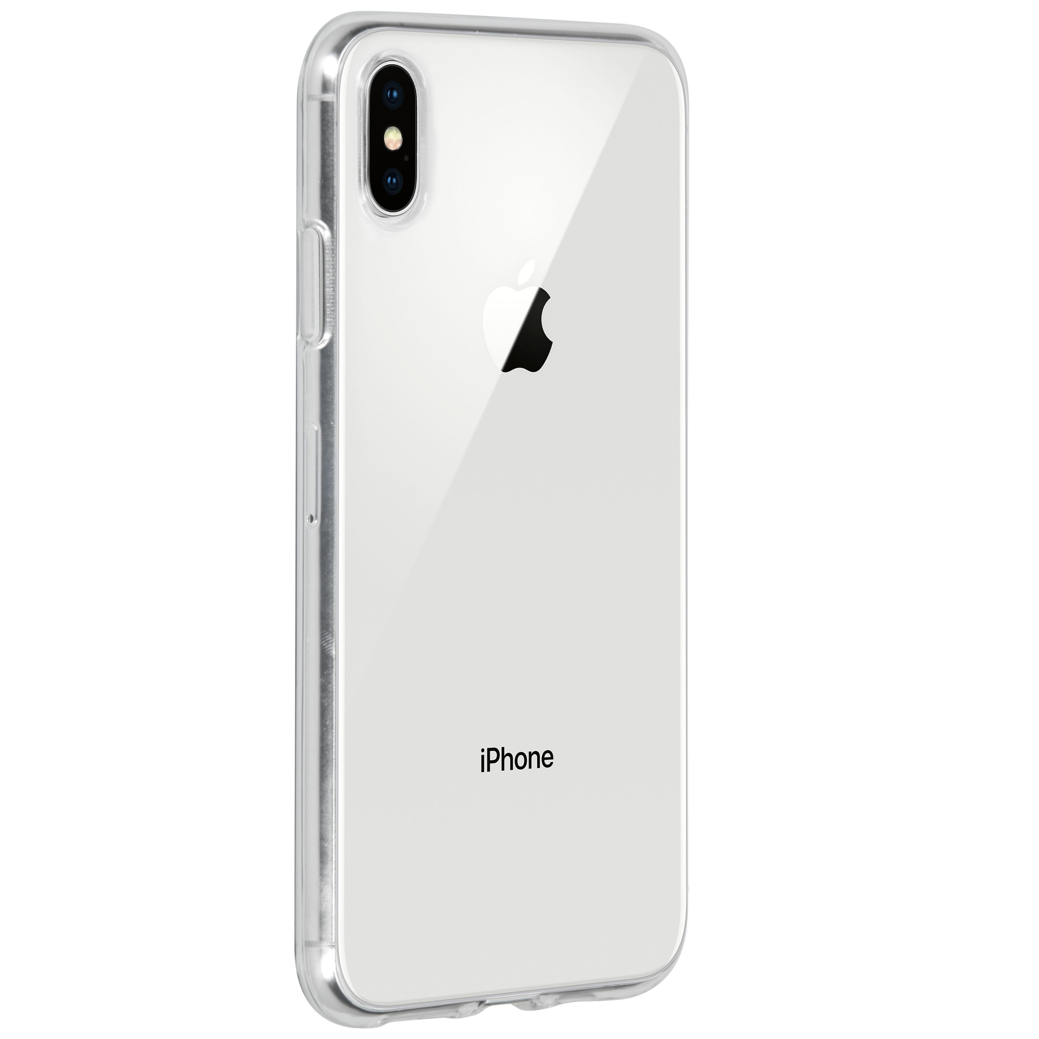 A clear phone case on an iPhone. The case is see-through and shows the back of the phone.