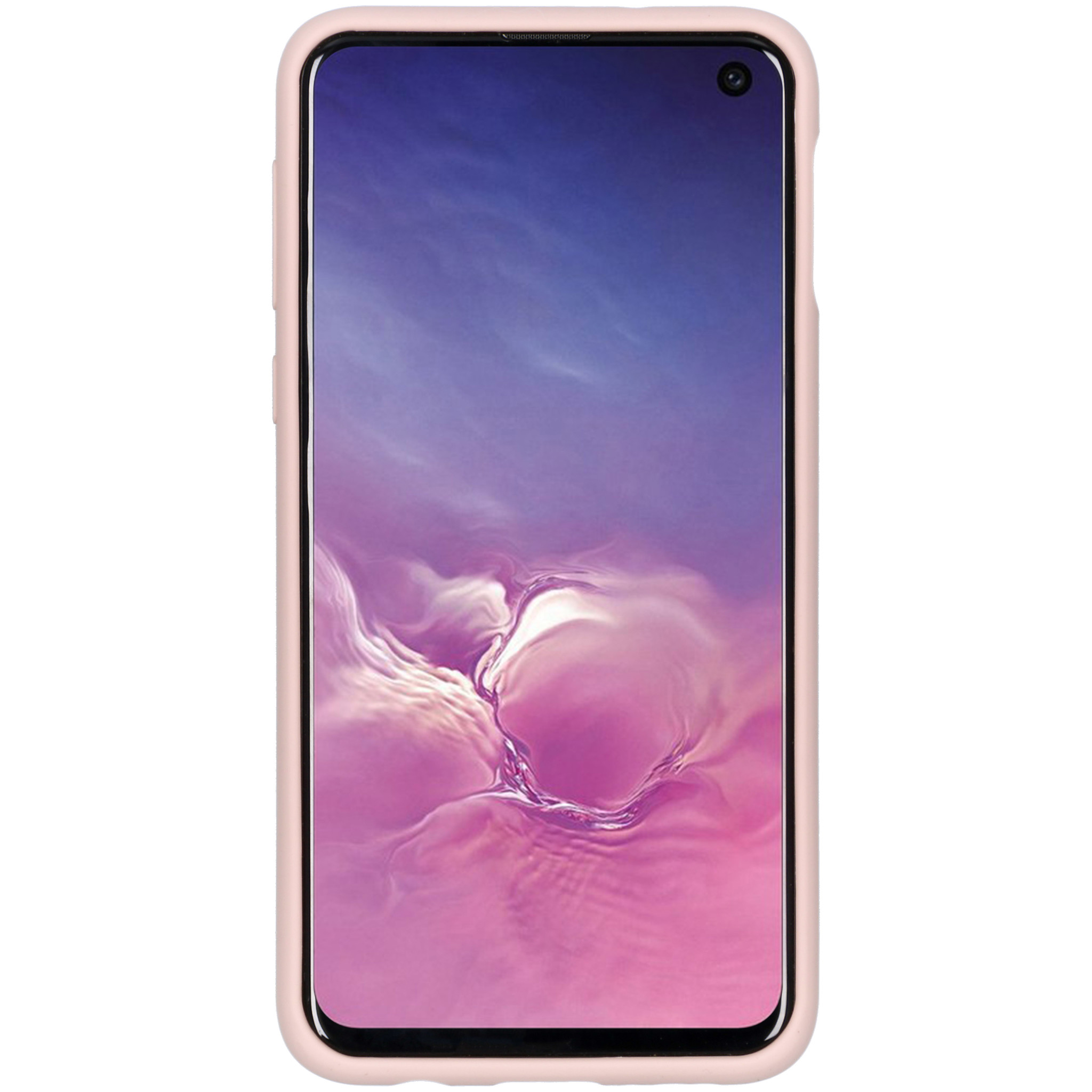 Een roze telefoonhoesje. De telefoon wordt met de voorkant naar boven weergegeven. Witte achtergrond.
