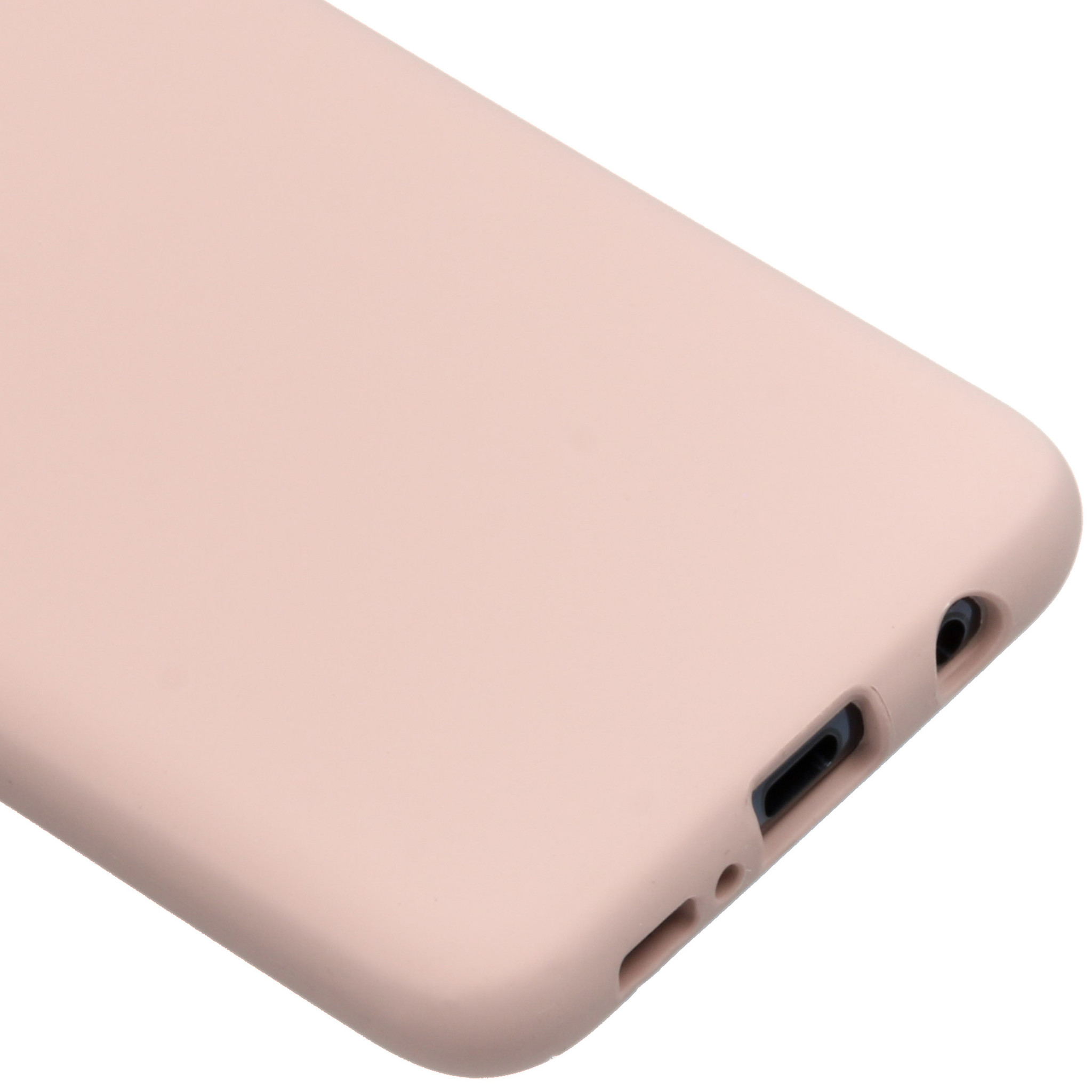 Roze telefoonhoesje. Oplaadpoort en luidsprekergaten zijn zichtbaar.