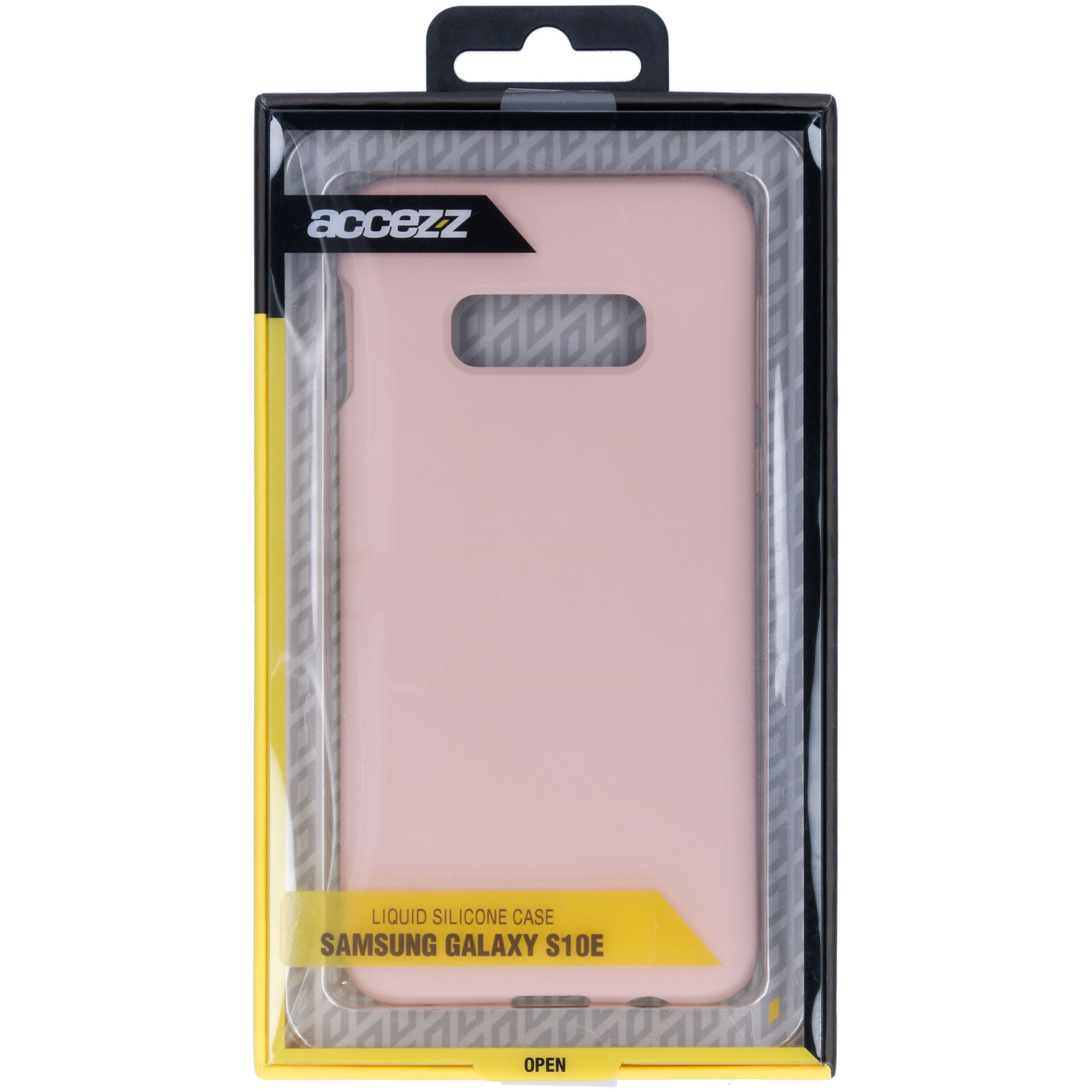 Een roze siliconen hoesje voor een Samsung Galaxy S10E, in een doorzichtige verpakking.