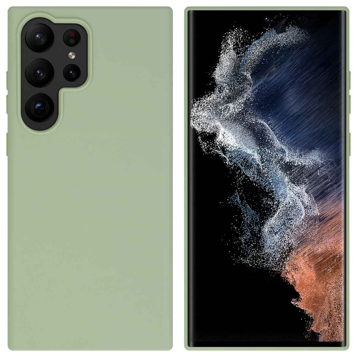 Een telefoon en zijn hoesje, de telefoon is groen en de hoes is lichtgroen.