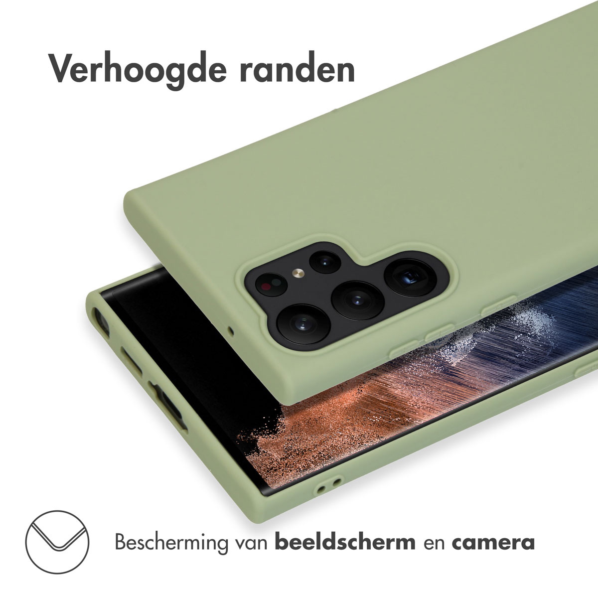 Een telefoonhoesje in groen, dat het scherm en de camera van de telefoon beschermt. Het telefoonhoesje zit op een telefoon.