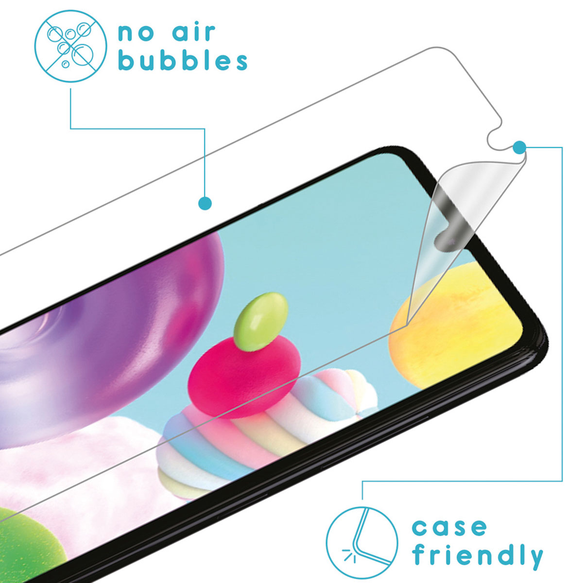 Phone screen protector with a screen. Shows no air bubbles and is case friendly.