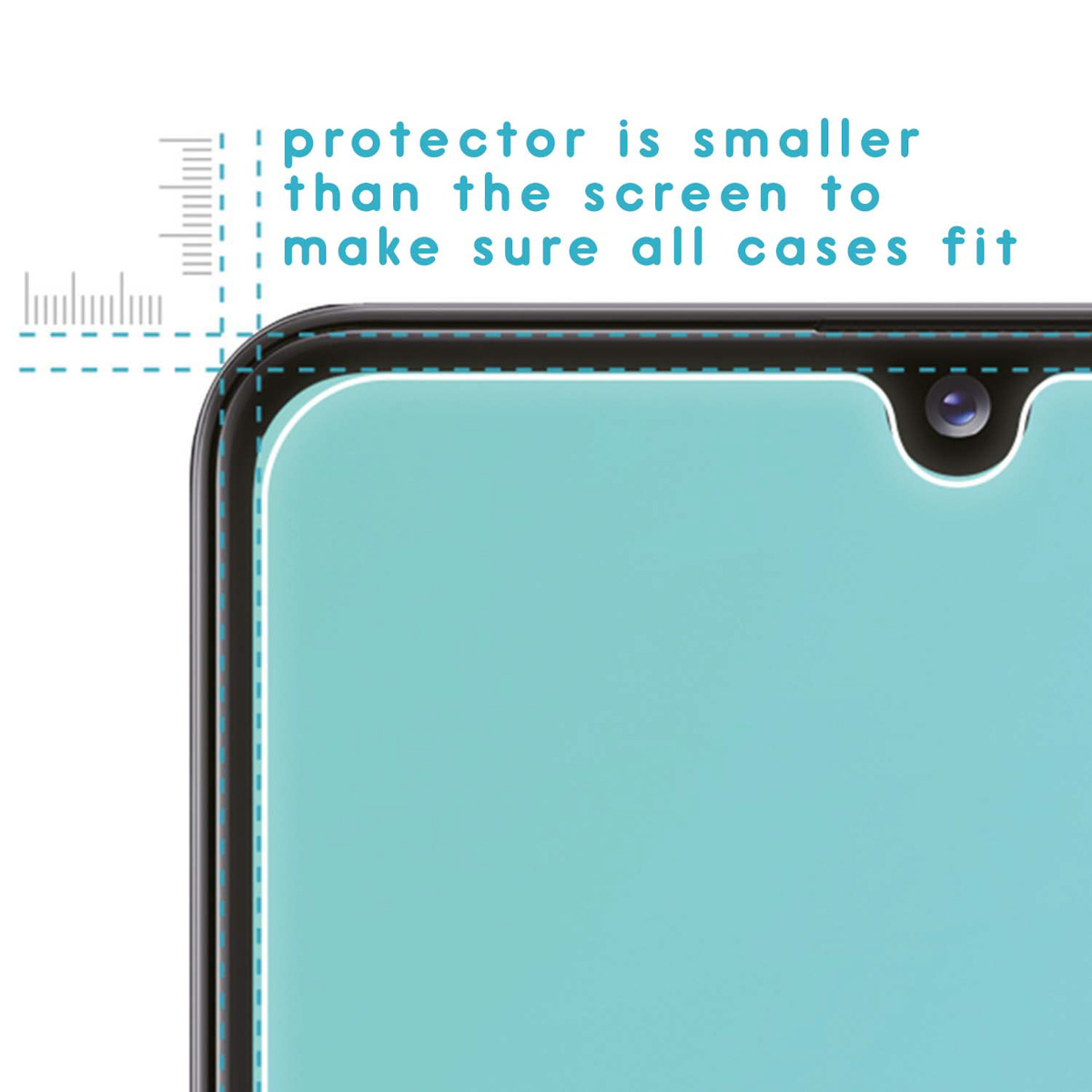 Close-up of a phone screen protector with a turquoise screen, showing edge details.