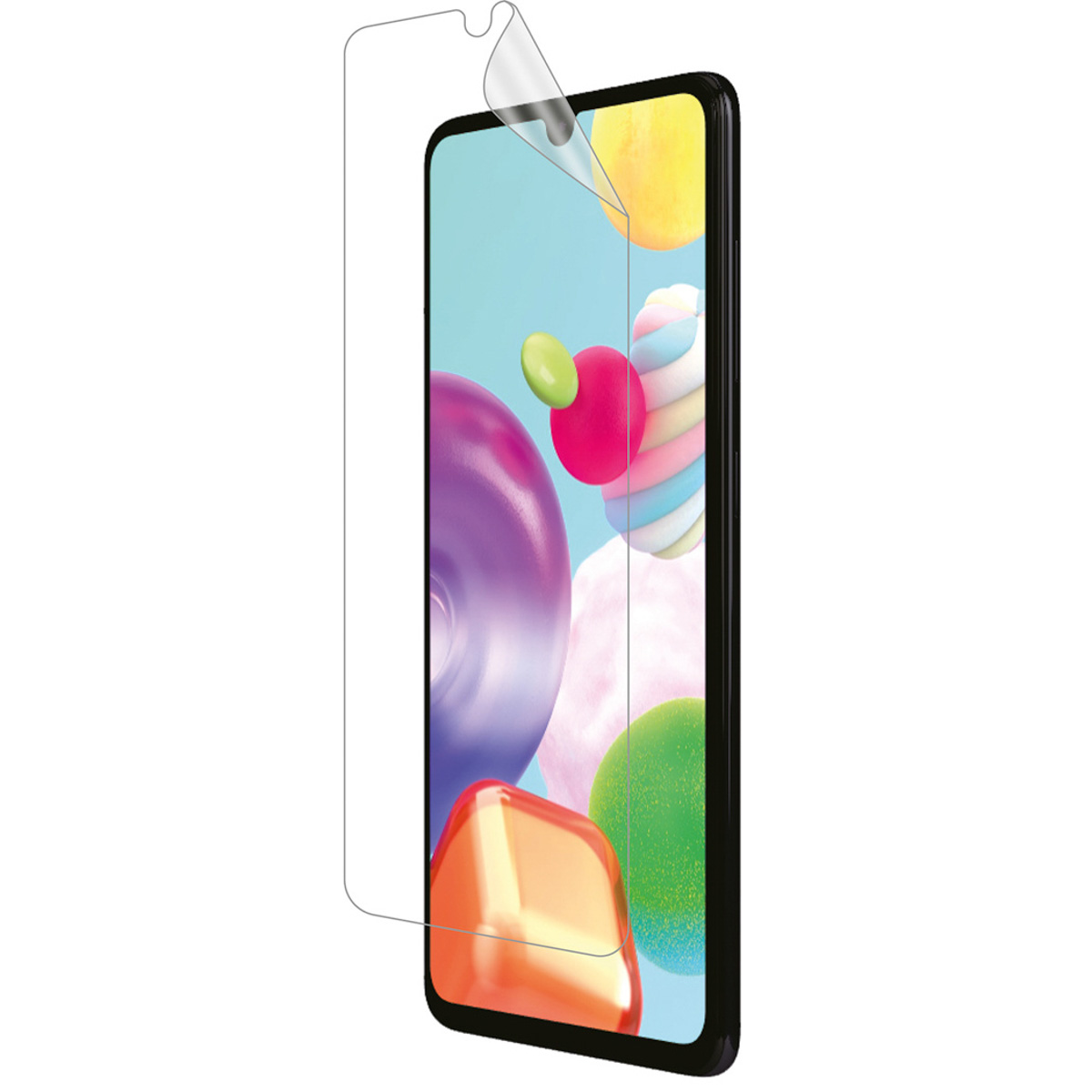 A phone with a screen protector being applied. The phone has colorful icons on the screen.
