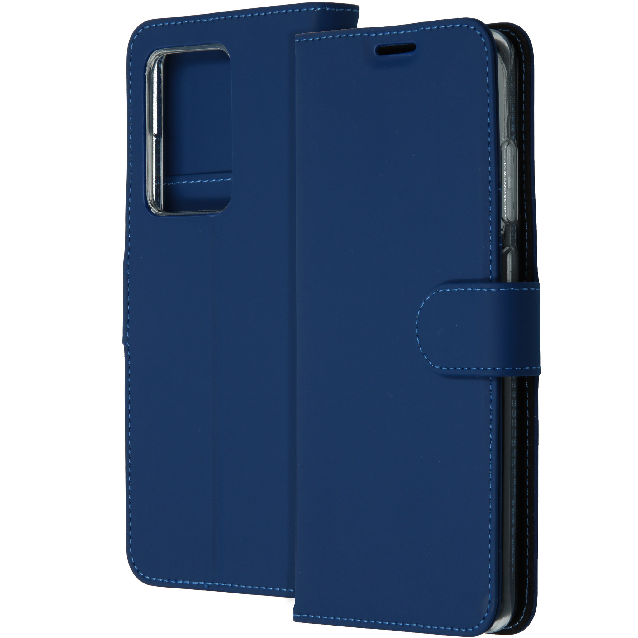 Una custodia per telefono blu aperta. Ha un quadrato per la fotocamera sul retro.