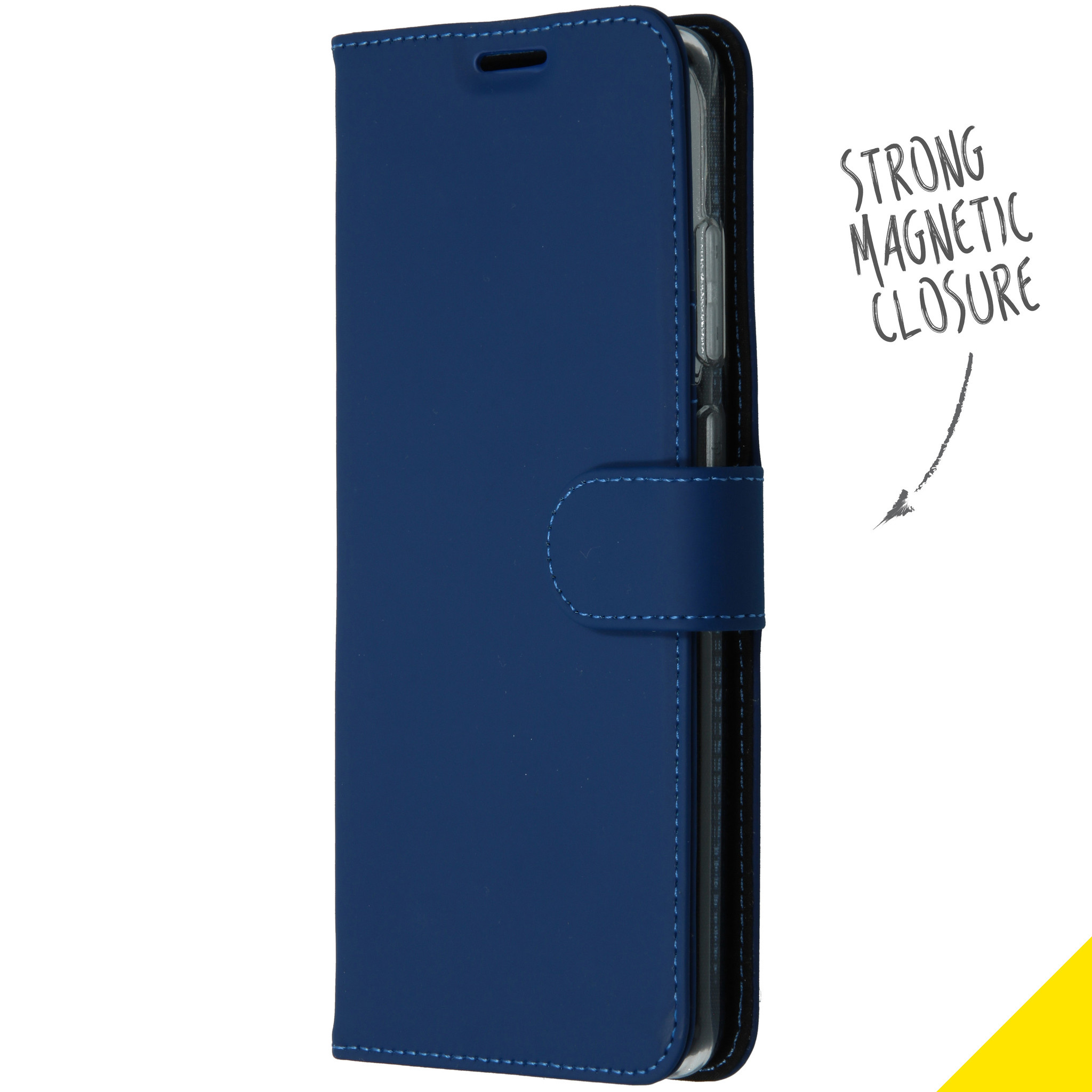 Een donkerblauwe telefoonhoes met een sterke magnetische sluiting, van de zijkant bekeken. Tekst zegt 'Sterke magnetische sluiting'.