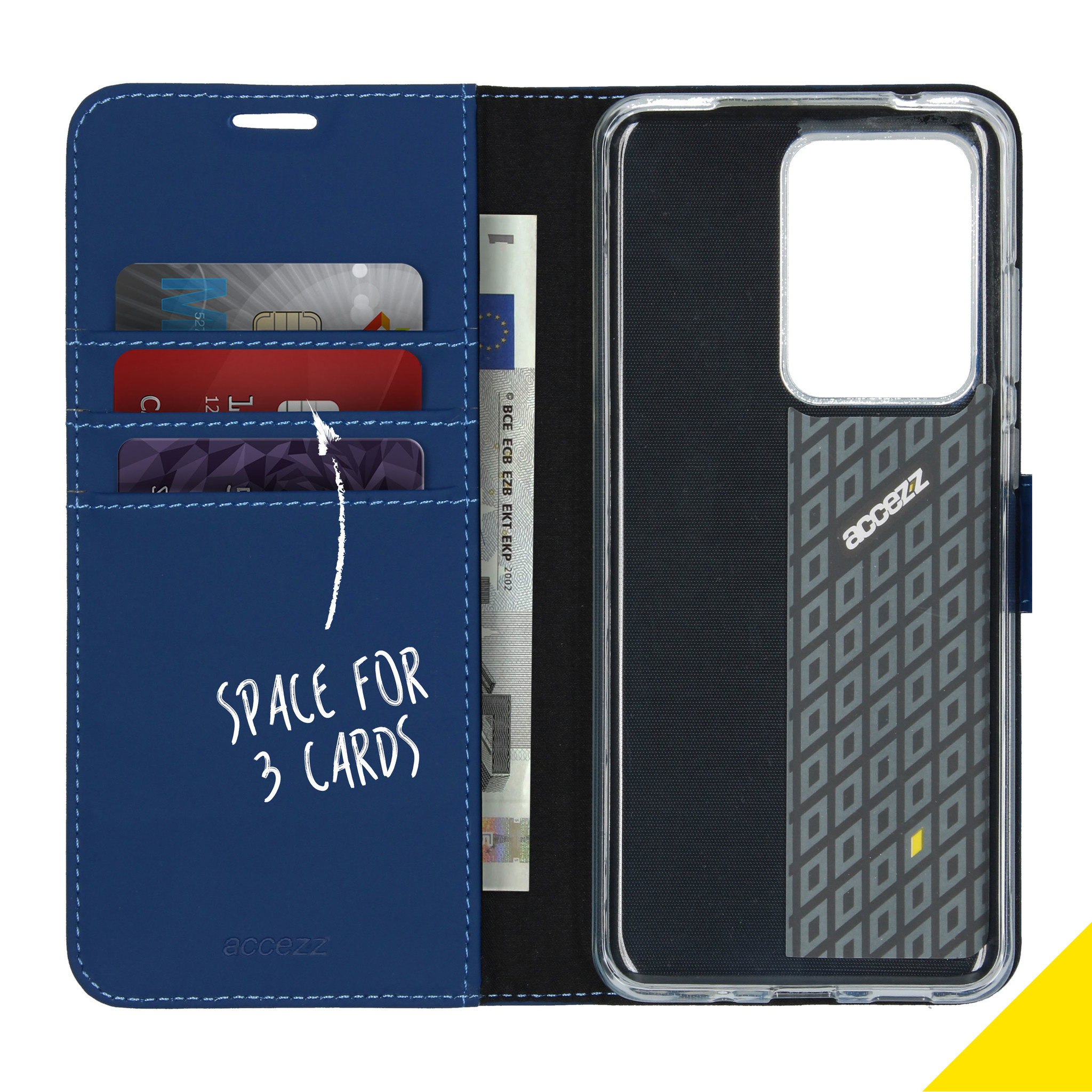 Blauwe telefoonhoes met kaartsleuven, 3 kaarten en een telefoon, met de tekst 'SPACE FOR 3 CARDS'.