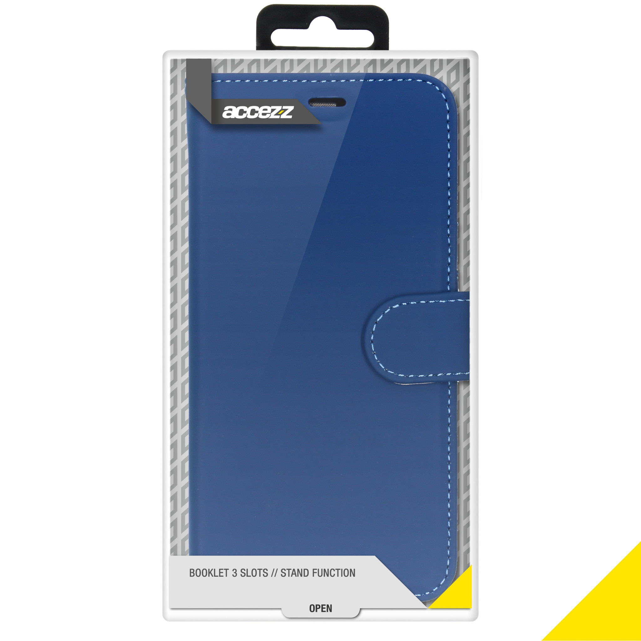 Blauwe telefoonhoes in verpakking. De hoes heeft een magnetische sluiting.