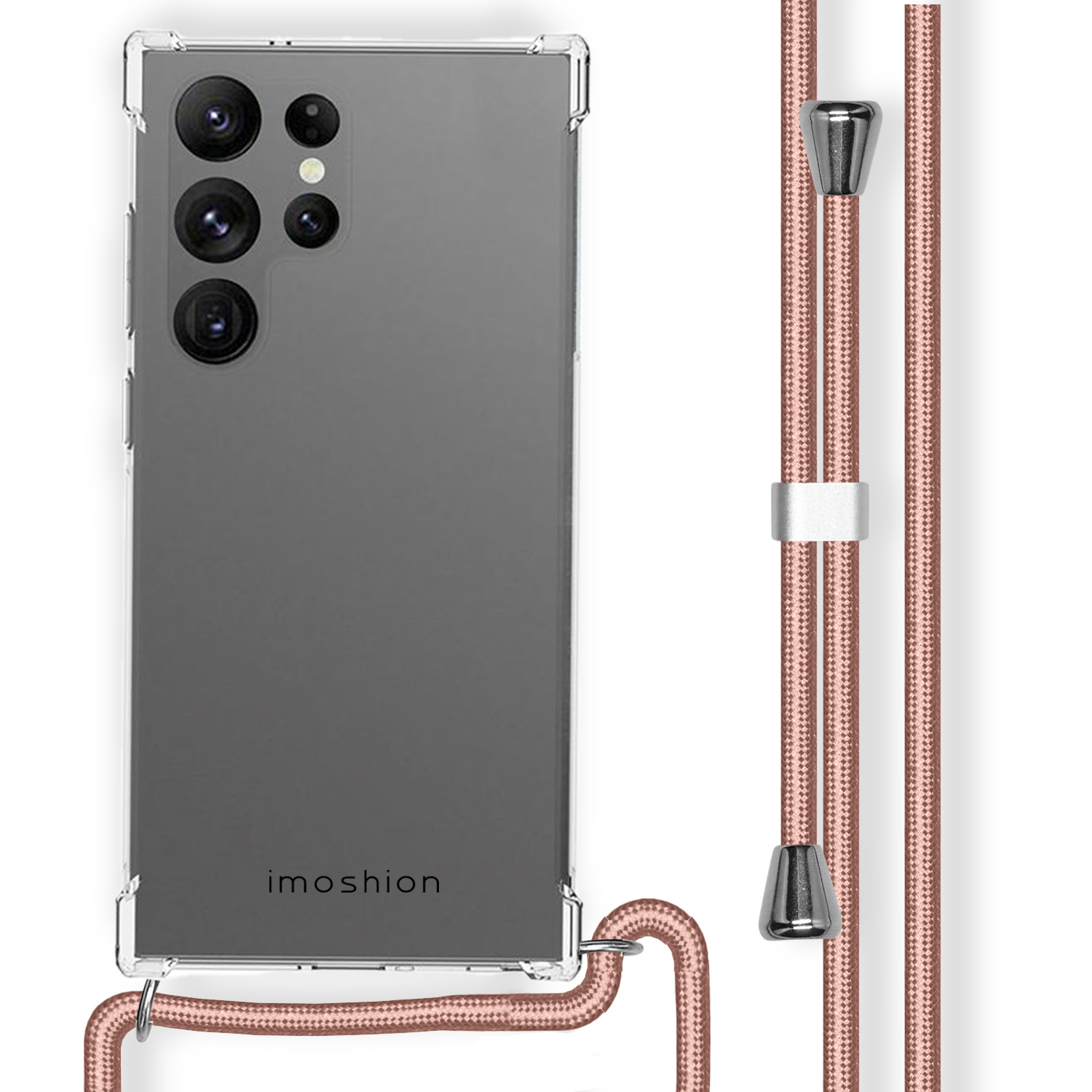 Telefoon met doorzichtige hoes en roségouden koord. Koord heeft metalen accenten.