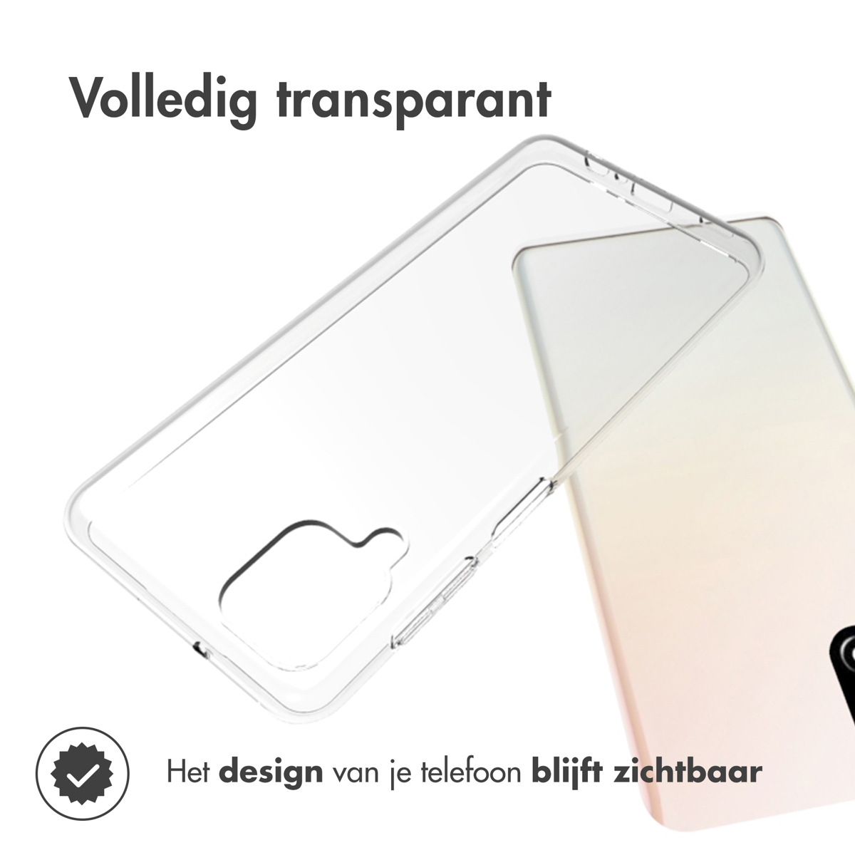 Clear phone case over a phone. Text in Dutch: Completely transparent. 