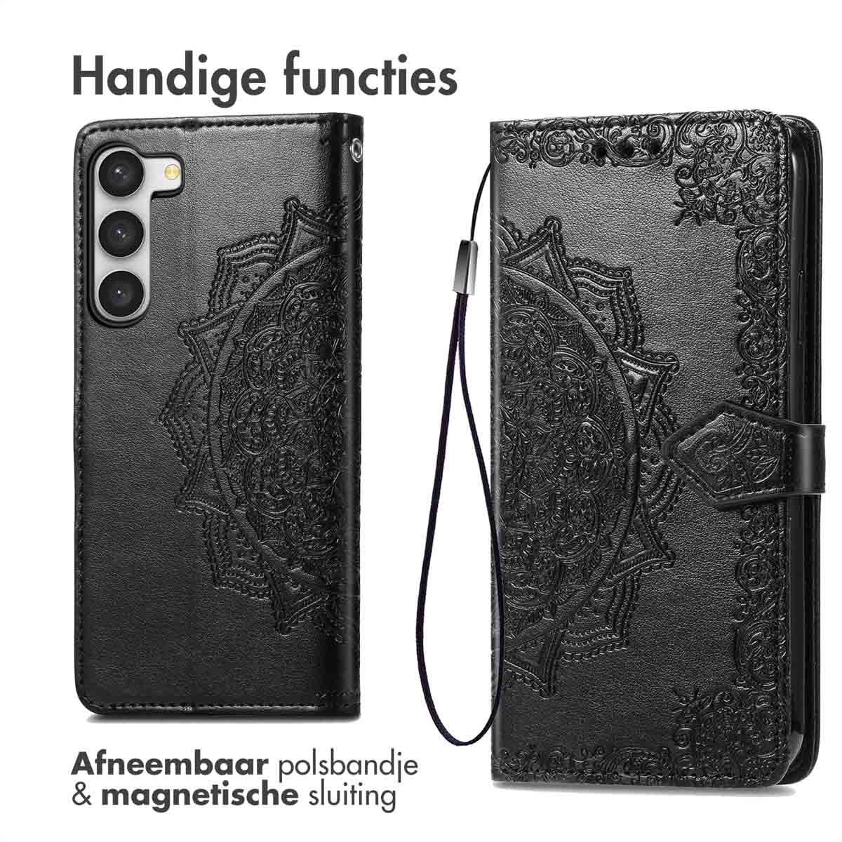 Étui de téléphone noir avec motif mandala, dragonne amovible et fermeture magnétique.