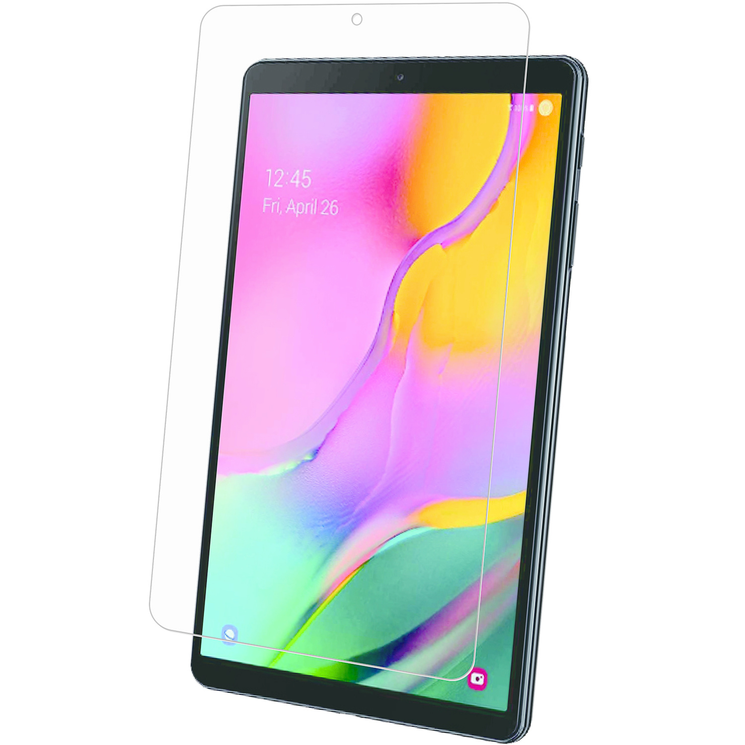 Un tablet con una protezione per lo schermo, su sfondo bianco. Il tablet mostra uno schermo colorato.