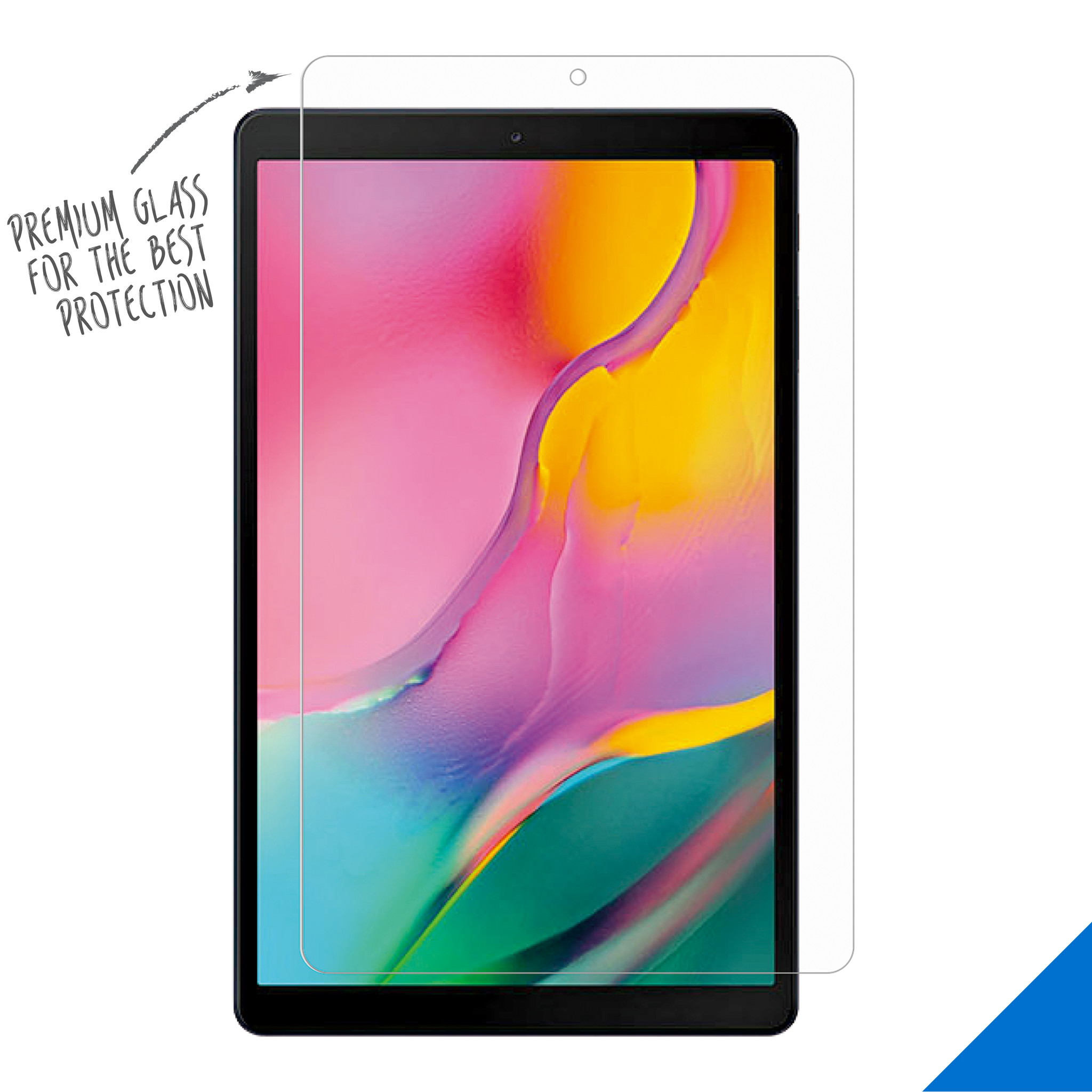 Tablet con protezione schermo, il testo recita: VETRO PREMIUM PER LA MIGLIORE PROTEZIONE.