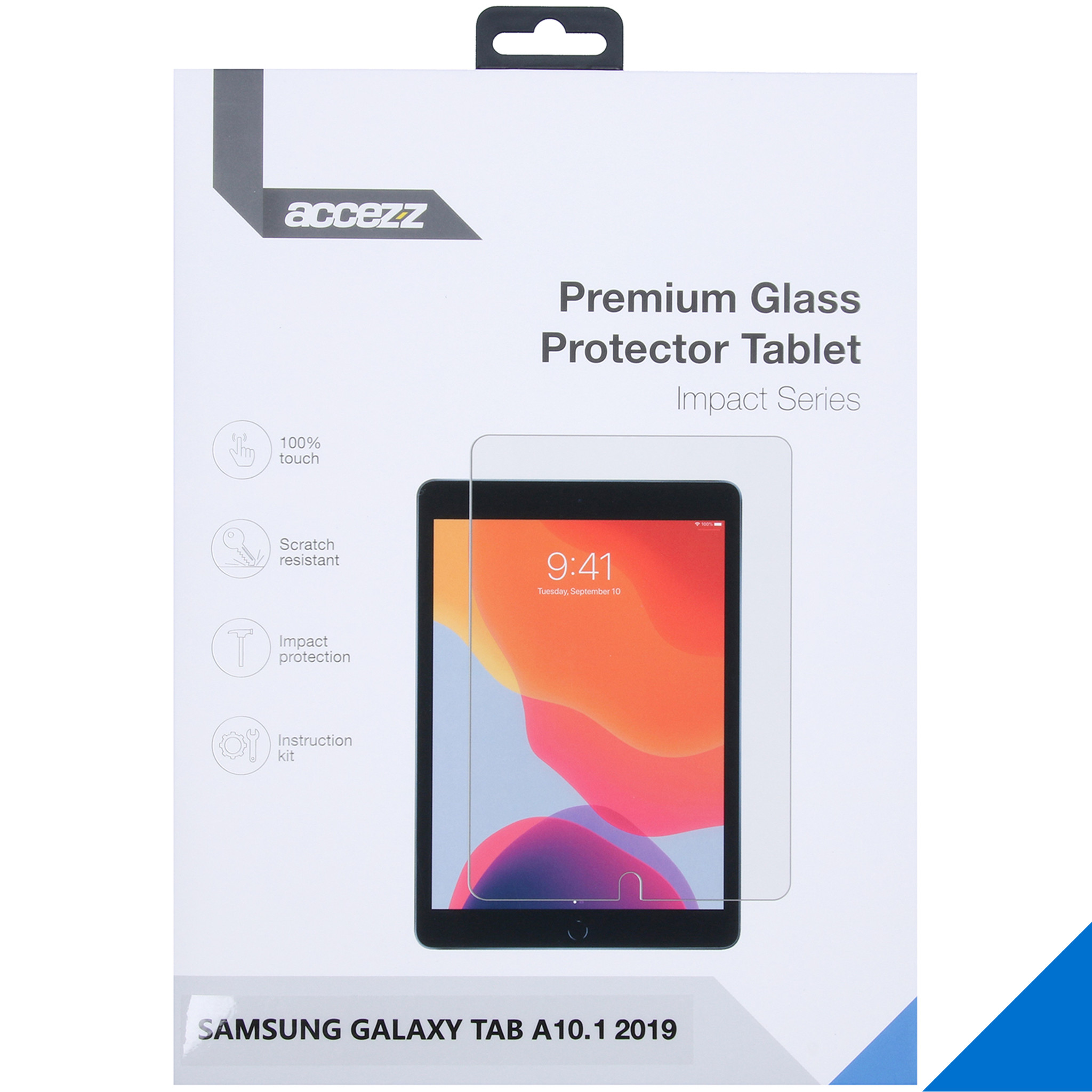 Tablet e protezione schermo. Il tablet mostra l'ora. La protezione è antigraffio.