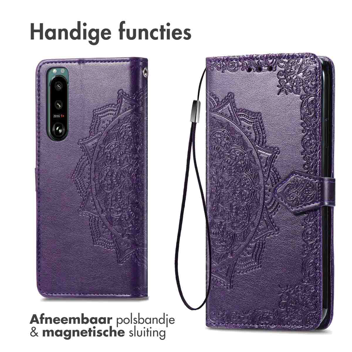 Paarse telefoonhoes met een mandala-ontwerp en een afneembare polsband.