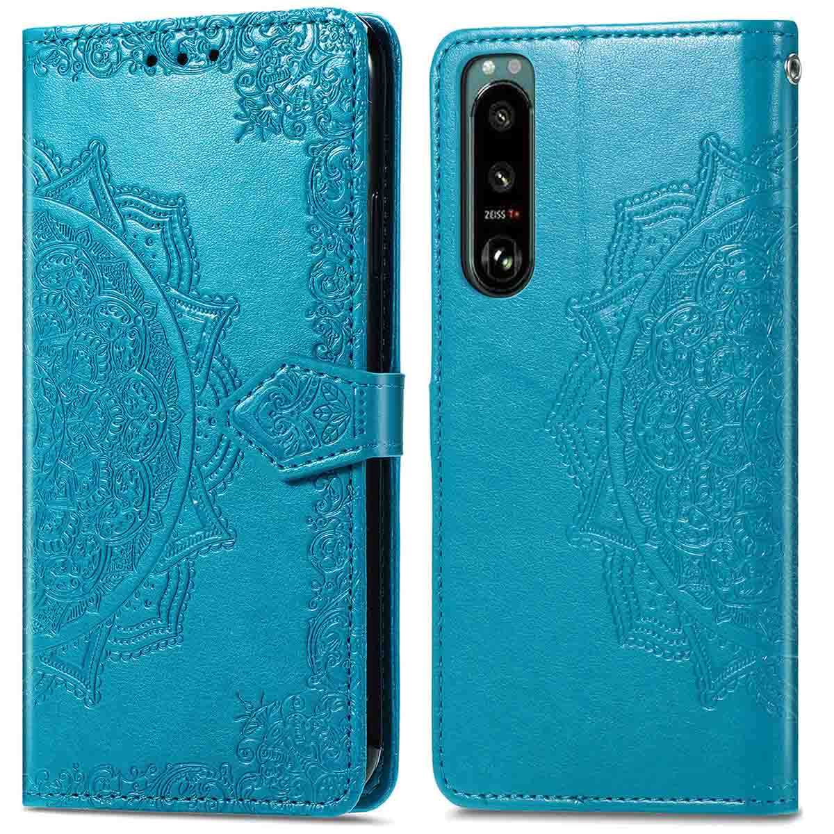 Coque de téléphone bleue avec design mandala, fermeture magnétique et fente pour carte.