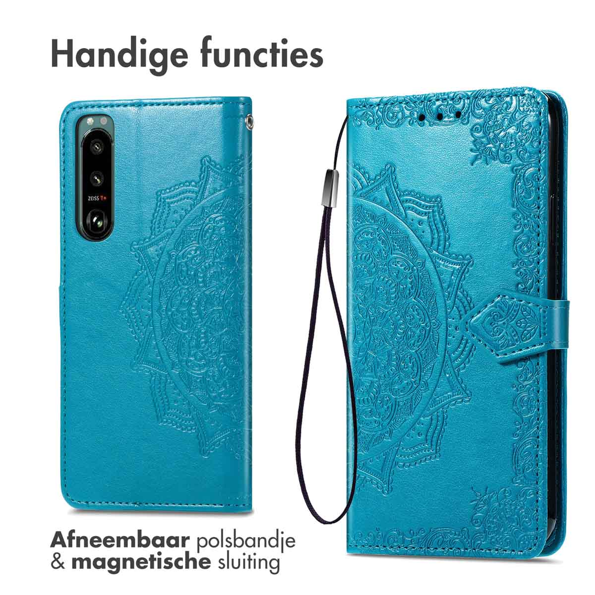 Étui de téléphone teal avec design mandala. Il possède une dragonne amovible et une fermeture magnétique.