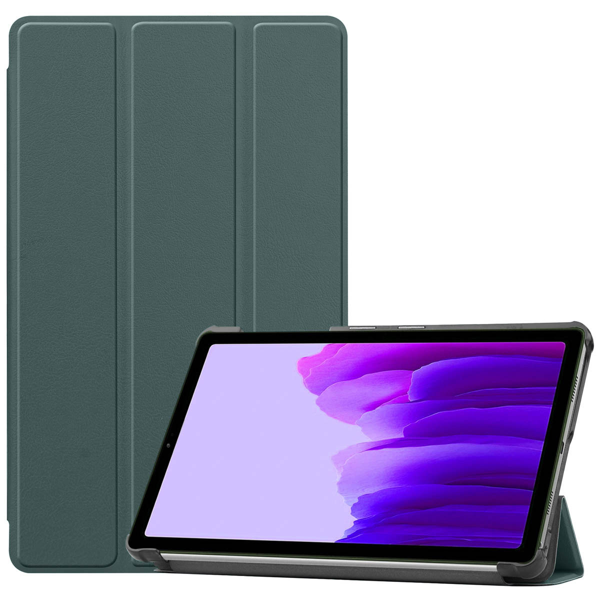 Tablette avec étui, écran avec couleurs violet et vert, étui vertical.