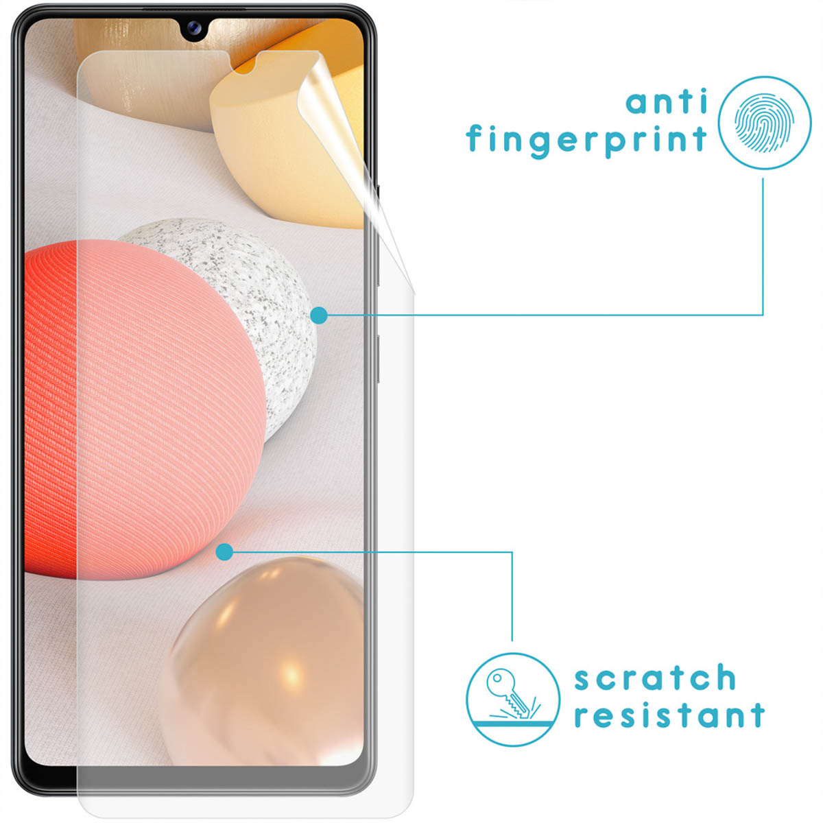 Phone with a screen protector applied. Anti-fingerprint and scratch-resistant features are highlighted.