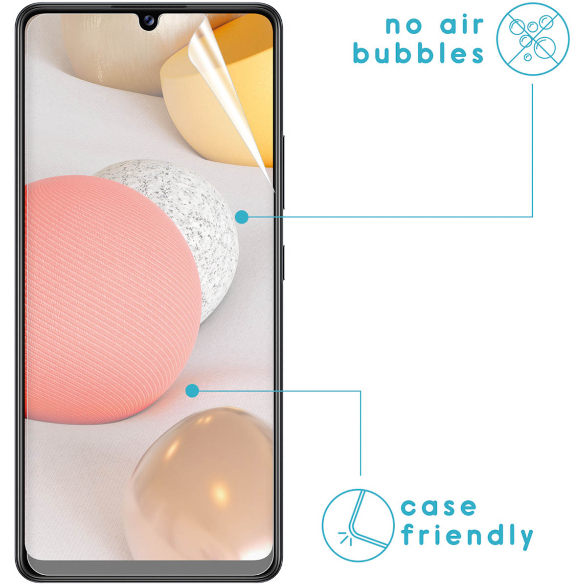 Phone screen with a screen protector partially peeled off. Colorful spheres are in the background.