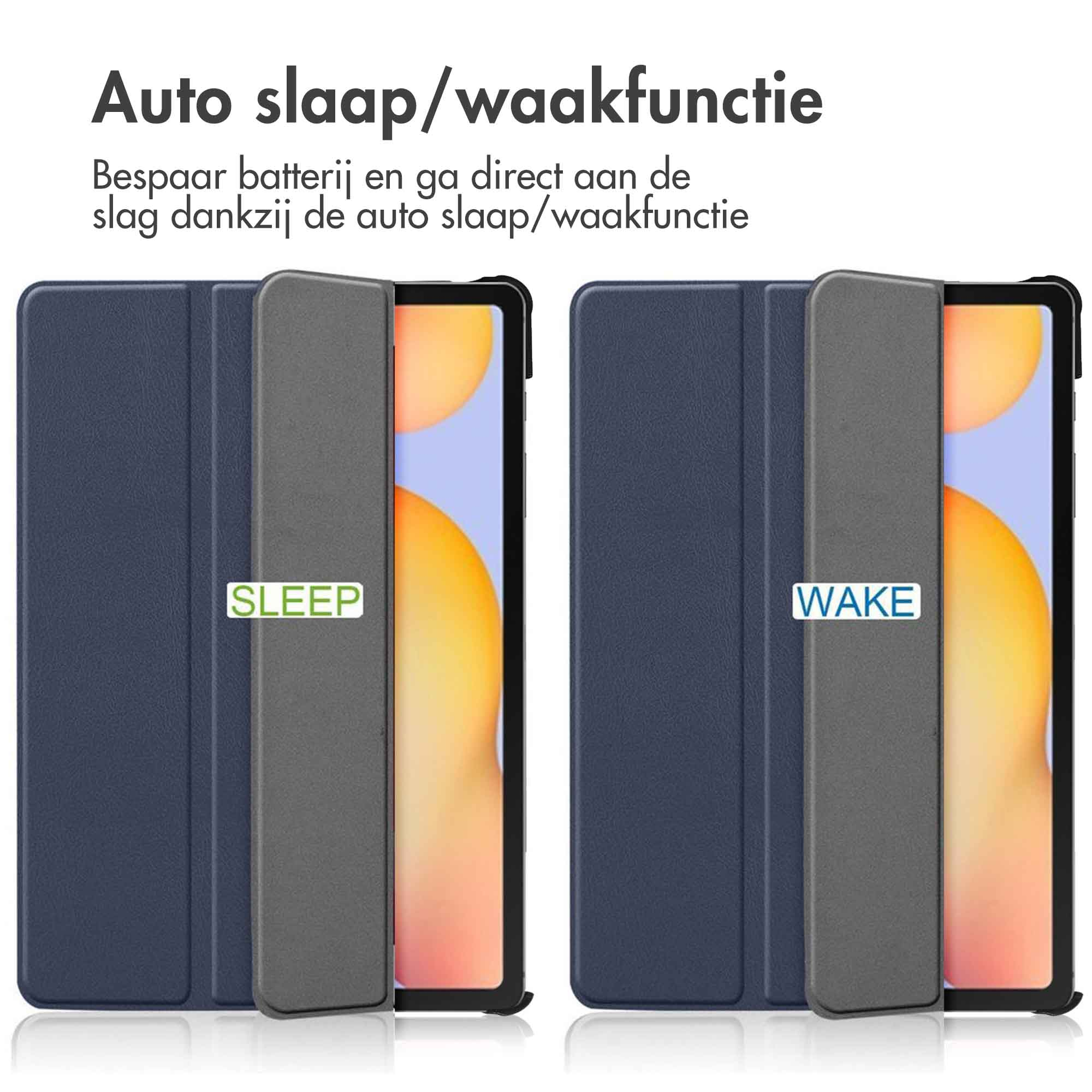 Twee tablethoezen, één gesloten (SLEEP), de andere open (WAKE). Tekst over automatische slaap/waakfunctie.